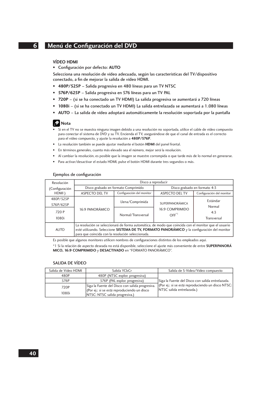 Marantz DV4001 Vídeo Hdmi, Ejemplos de conﬁguración, Resolución Disco a reproducir, Disco grabado en formato Comprimido 