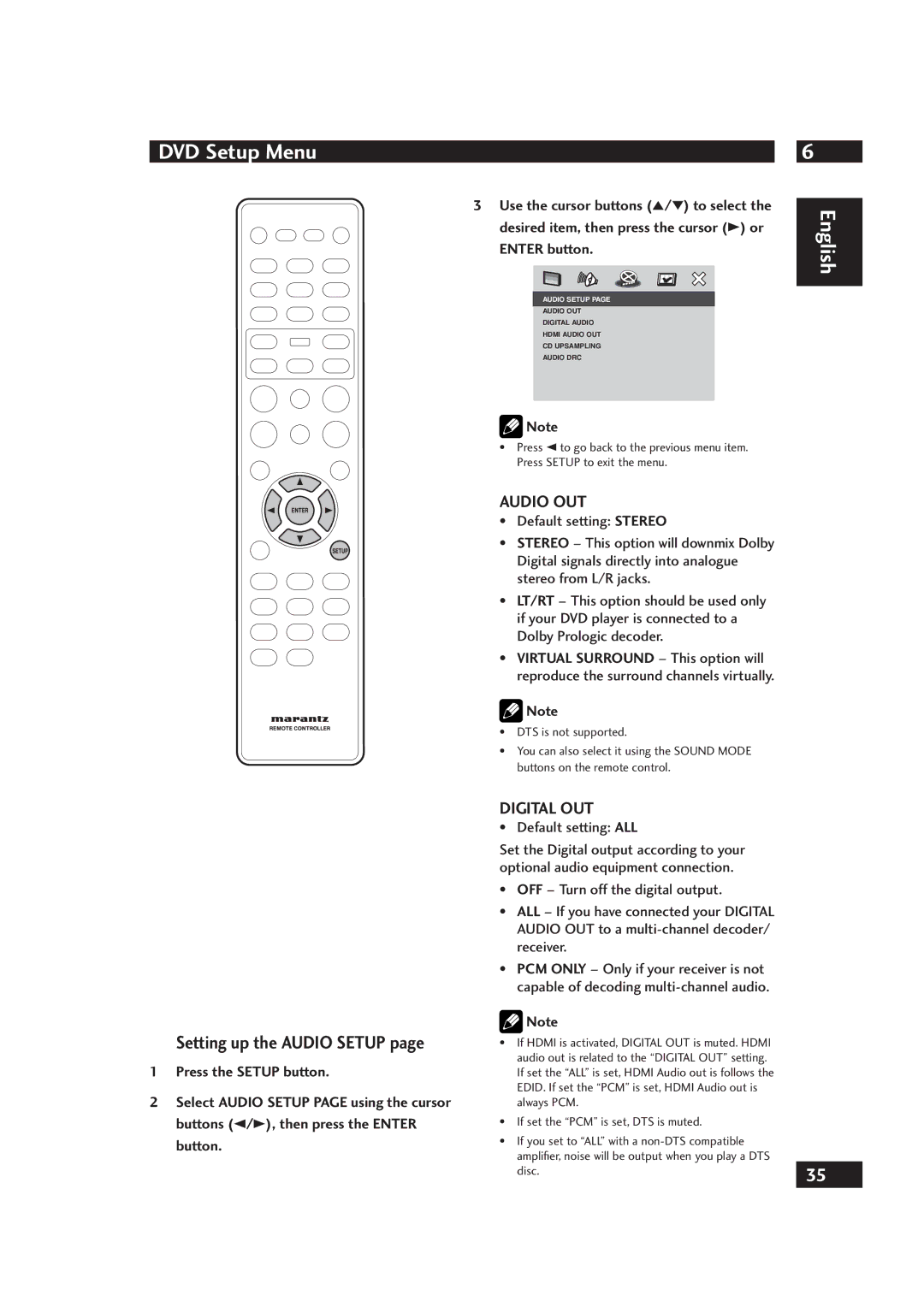 Marantz DV4001 manual Setting up the Audio Setup, Audio OUT, Digital OUT, Default setting ALL 