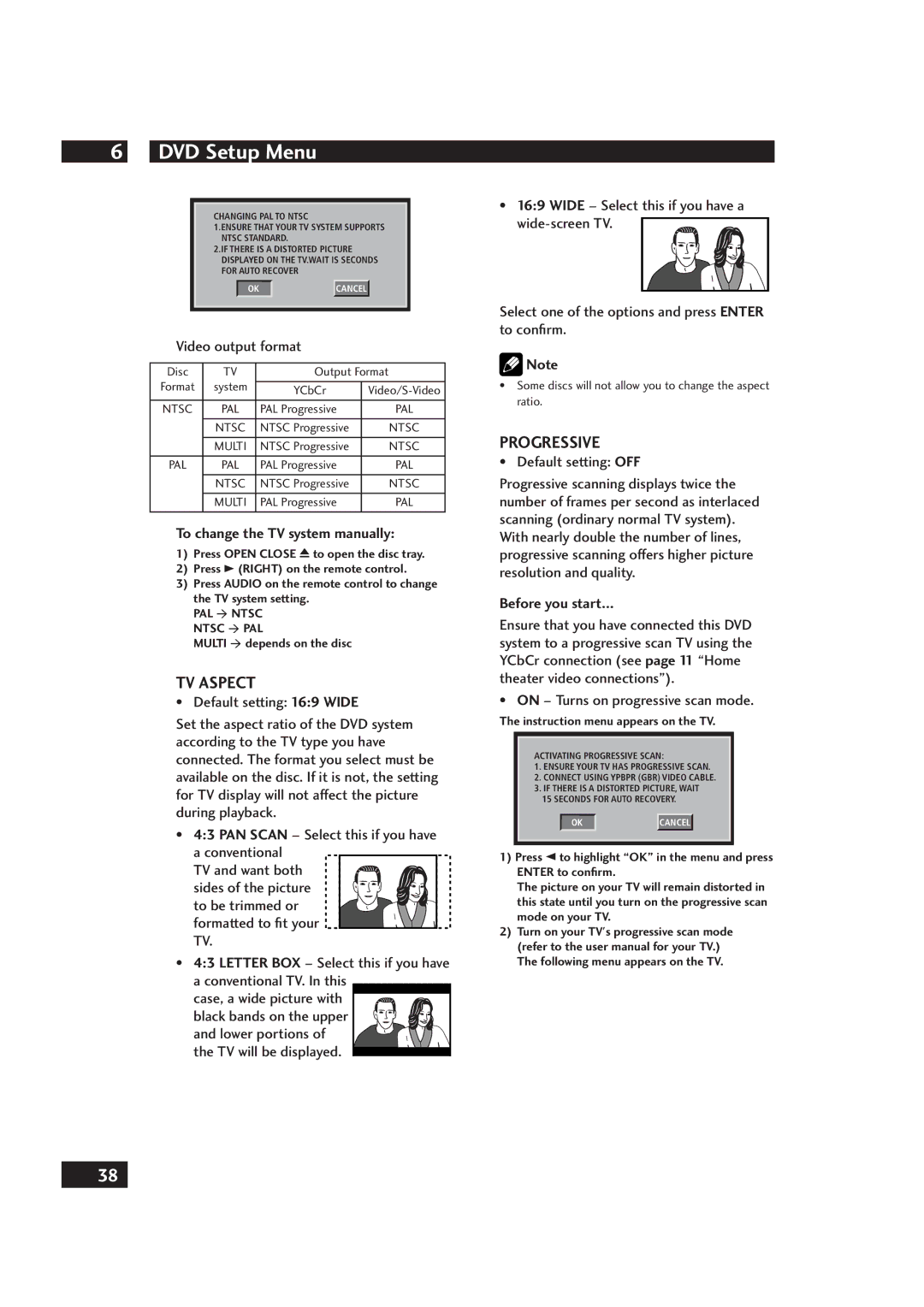 Marantz DV4001 TV Aspect, Progressive, To change the TV system manually, On Turns on progressive scan mode 