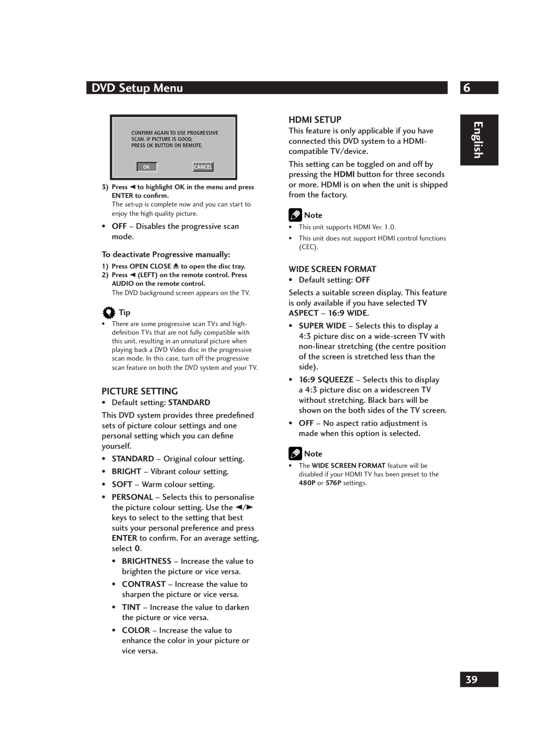 Marantz DV4001 Picture Setting, Hdmi Setup, OFF Disables the progressive scan mode, To deactivate Progressive manually 