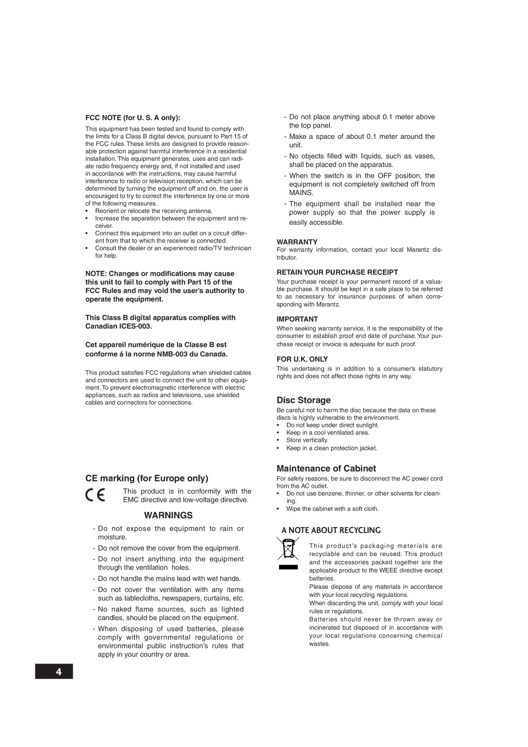 Marantz DV4001 manual CE marking for Europe only 