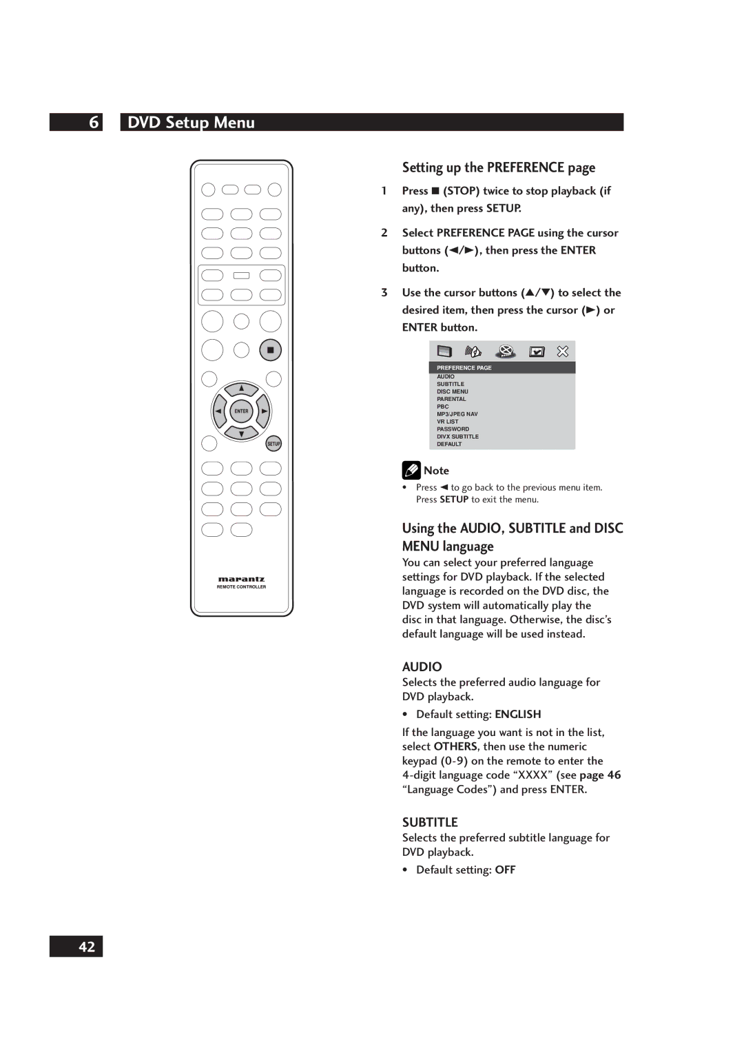 Marantz DV4001 manual Setting up the Preference, Using the AUDIO, Subtitle and Disc Menu language, Audio 