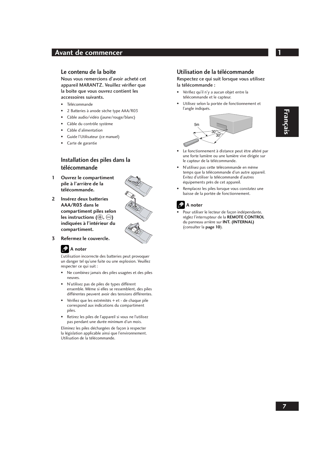 Marantz DV4001 manual Le contenu de la boîte, Installation des piles dans la télécommande, Utilisation de la télécommande 