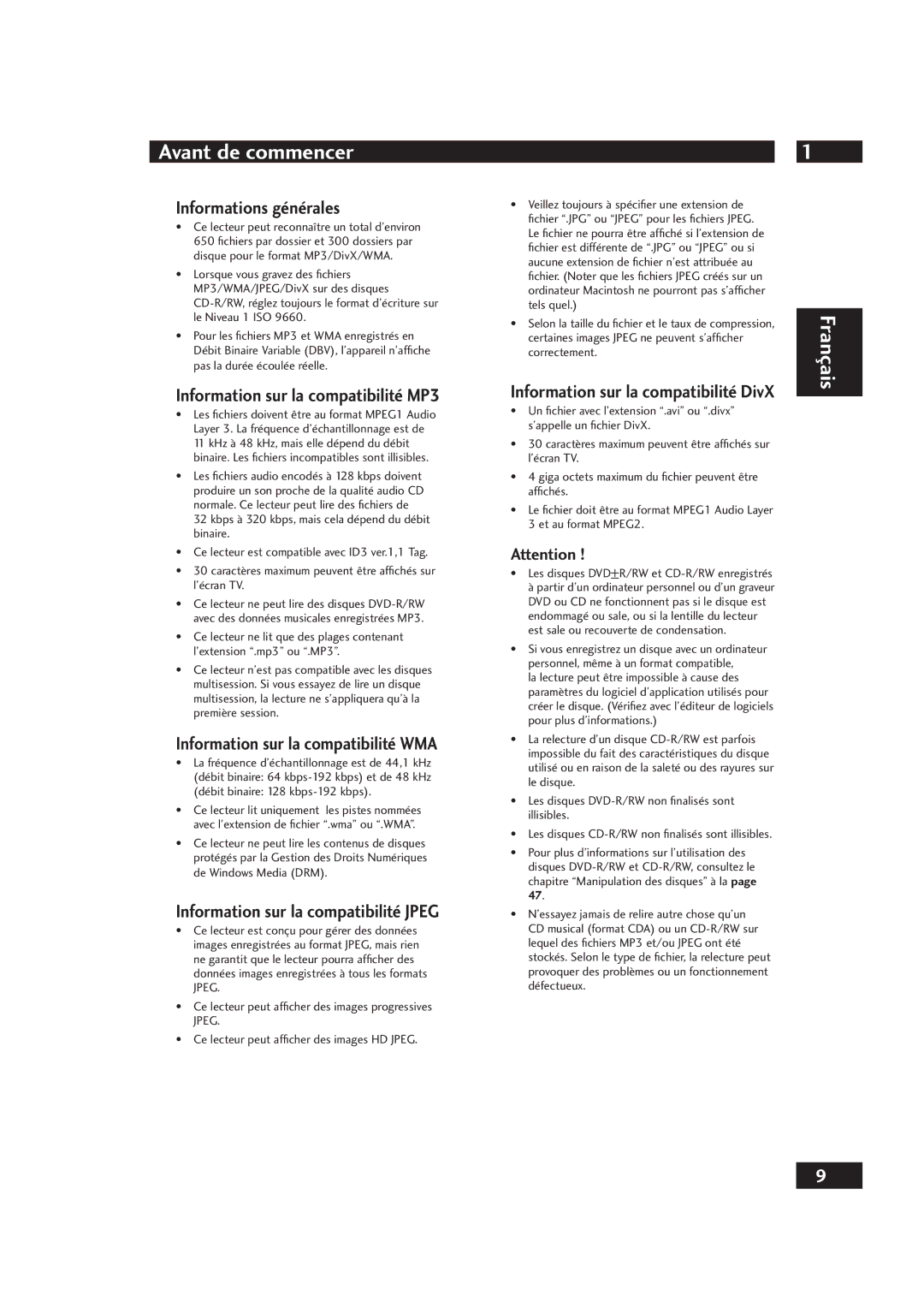 Marantz DV4001 manual Informations générales, Information sur la compatibilité MP3, Information sur la compatibilité WMA 