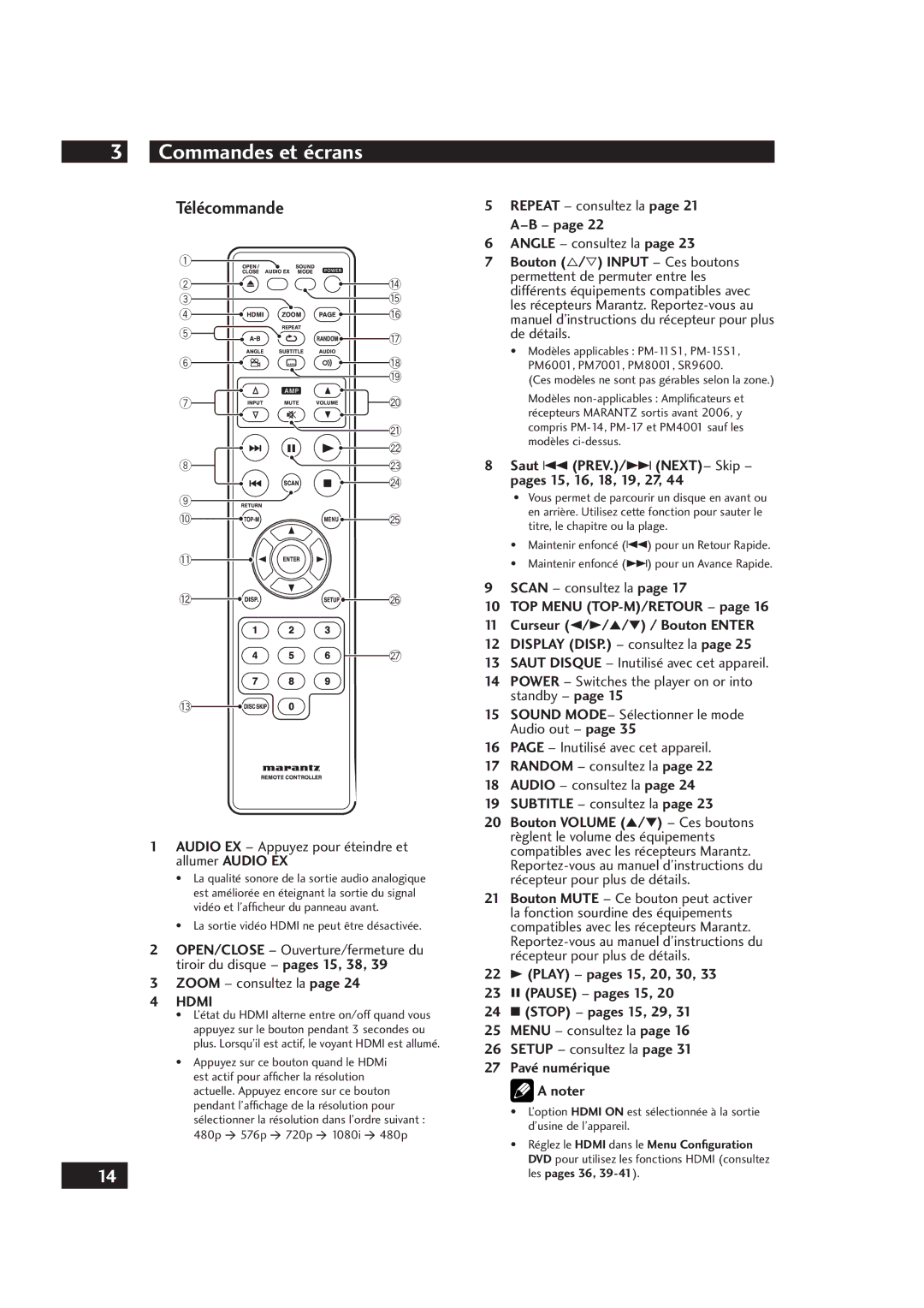 Marantz DV4001 manual Télécommande, Saut 4 PREV./¢ NEXT- Skip pages 15, 16, 18, 19, 27, Subtitle consultez la 