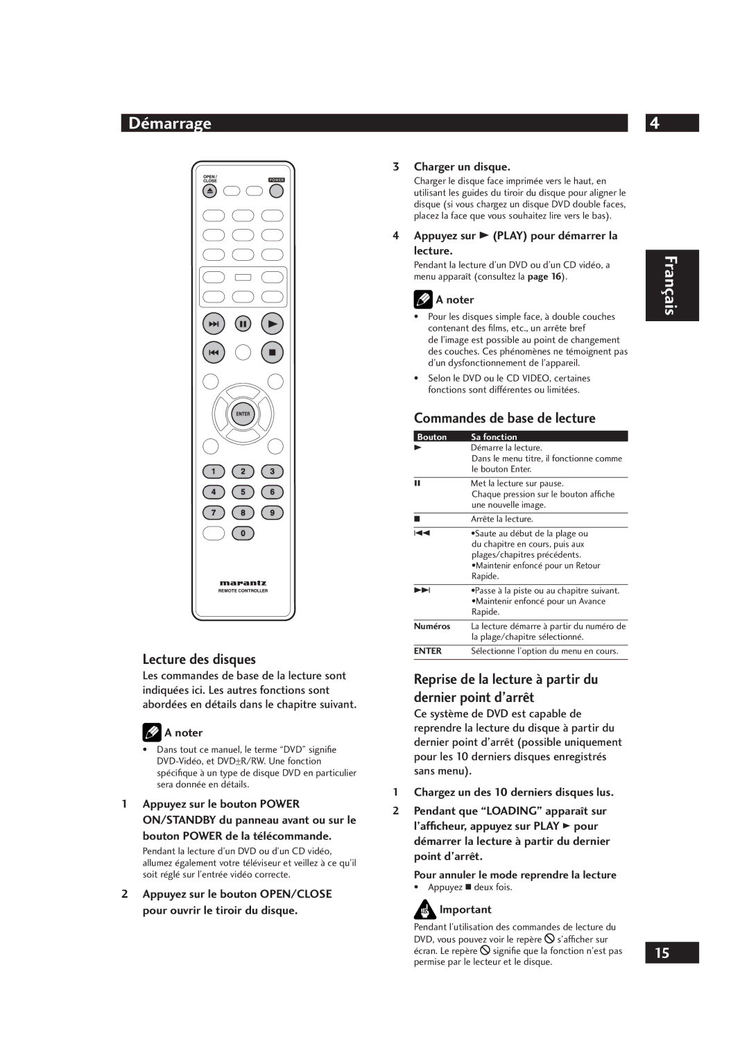 Marantz DV4001 manual Démarrage, Lecture des disques, Commandes de base de lecture 