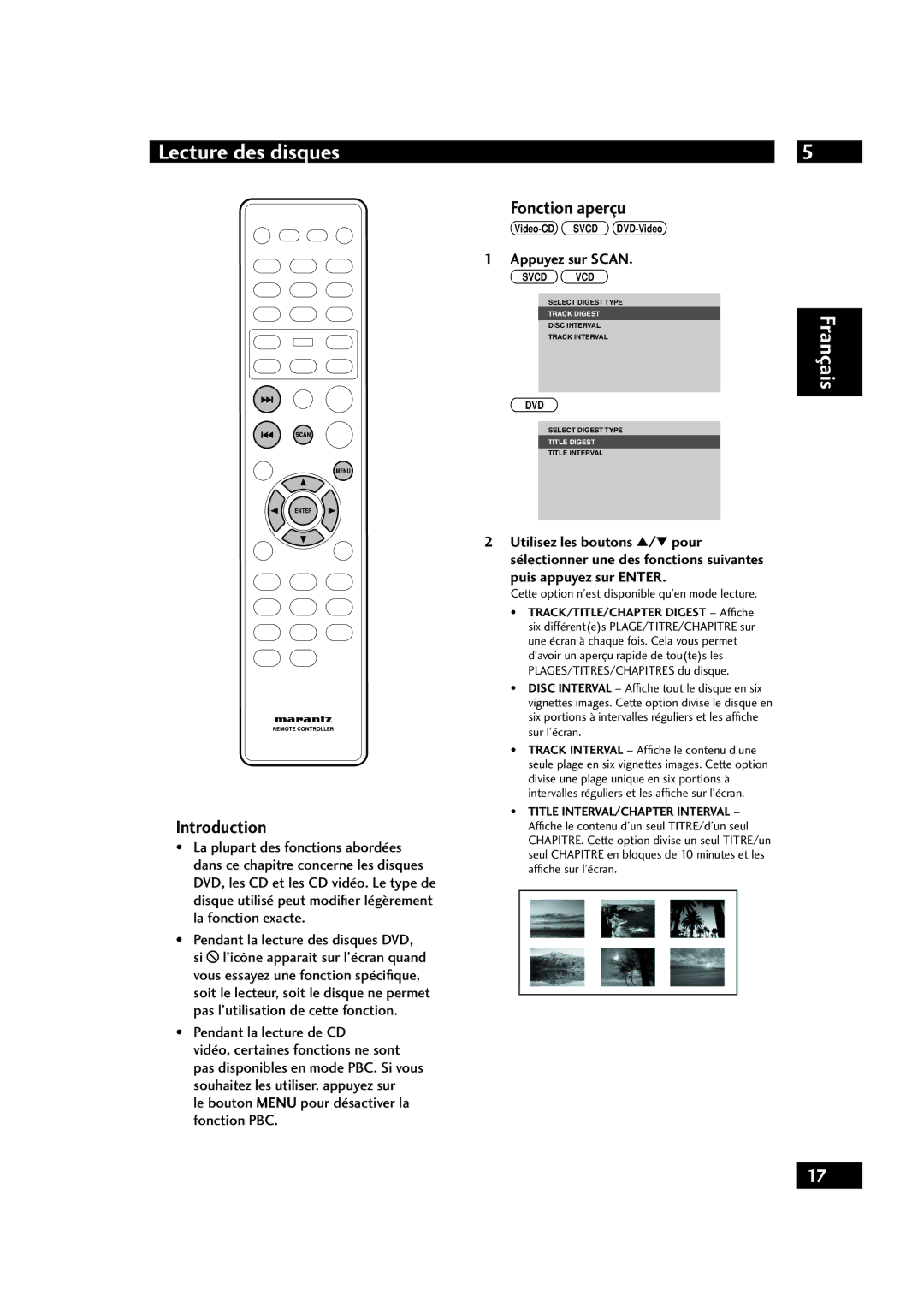 Marantz DV4001 manual Lecture des disques, Fonction aperçu, Appuyez sur Scan, Puis appuyez sur Enter 