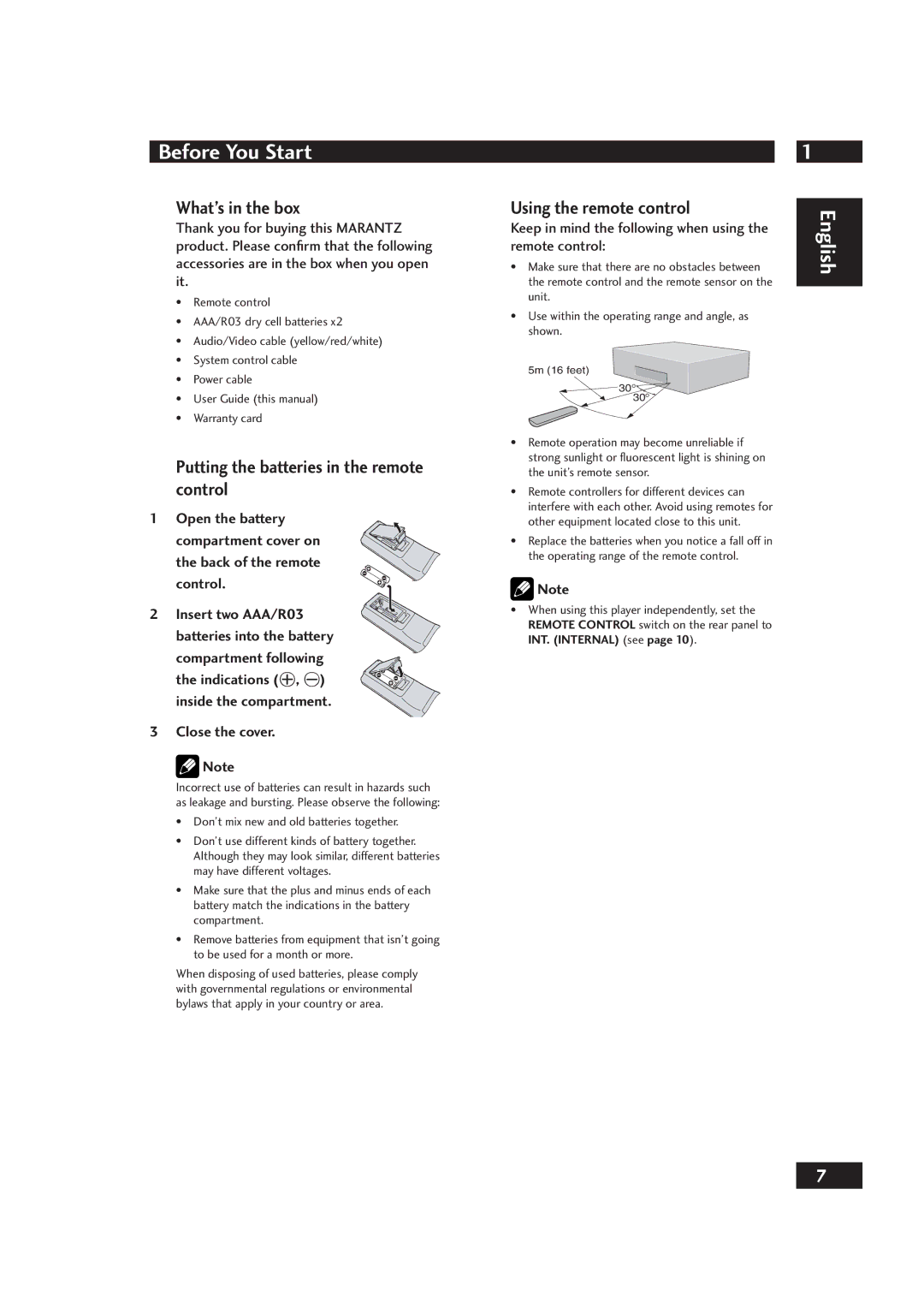 Marantz DV4001 What’s in the box, Putting the batteries in the remote control, Using the remote control, Close the cover 