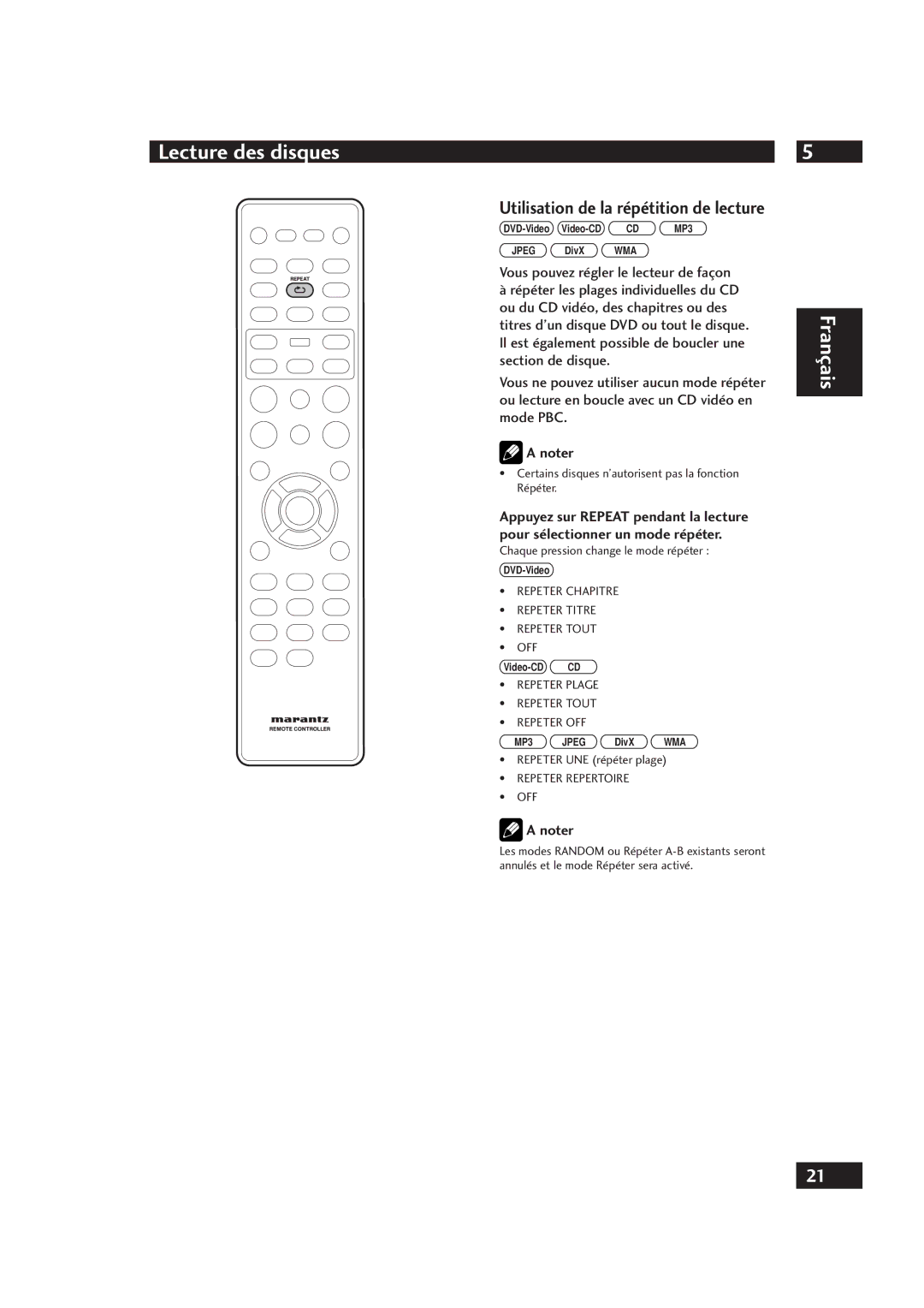 Marantz DV4001 manual Utilisation de la répétition de lecture, Certains disques n’autorisent pas la fonction Répéter 