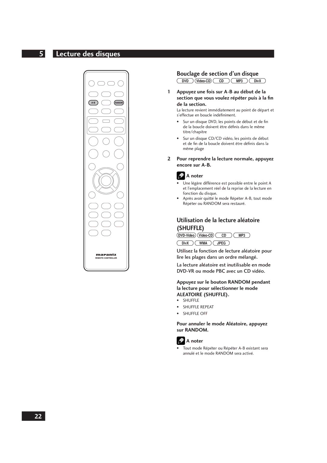 Marantz DV4001 manual Bouclage de section d’un disque, Utilisation de la lecture aléatoire Shuffle, Aleatoire Shuffle 