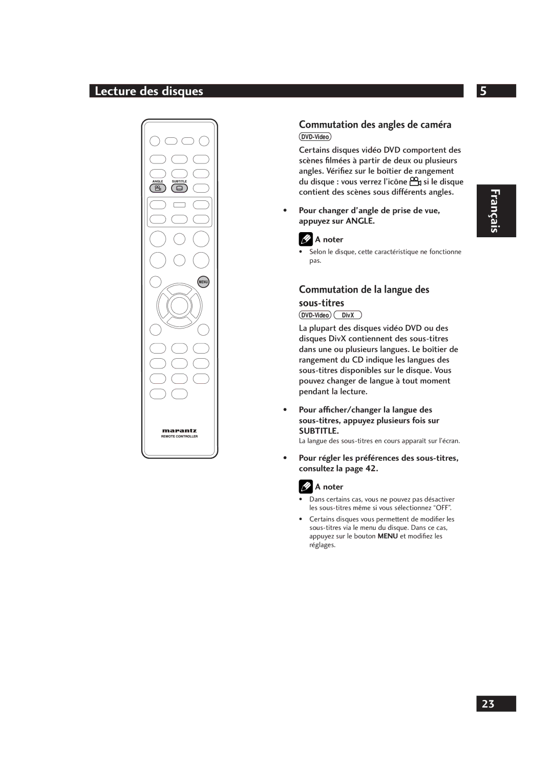 Marantz DV4001 manual Commutation des angles de caméra, Commutation de la langue des sous-titres, Subtitle 