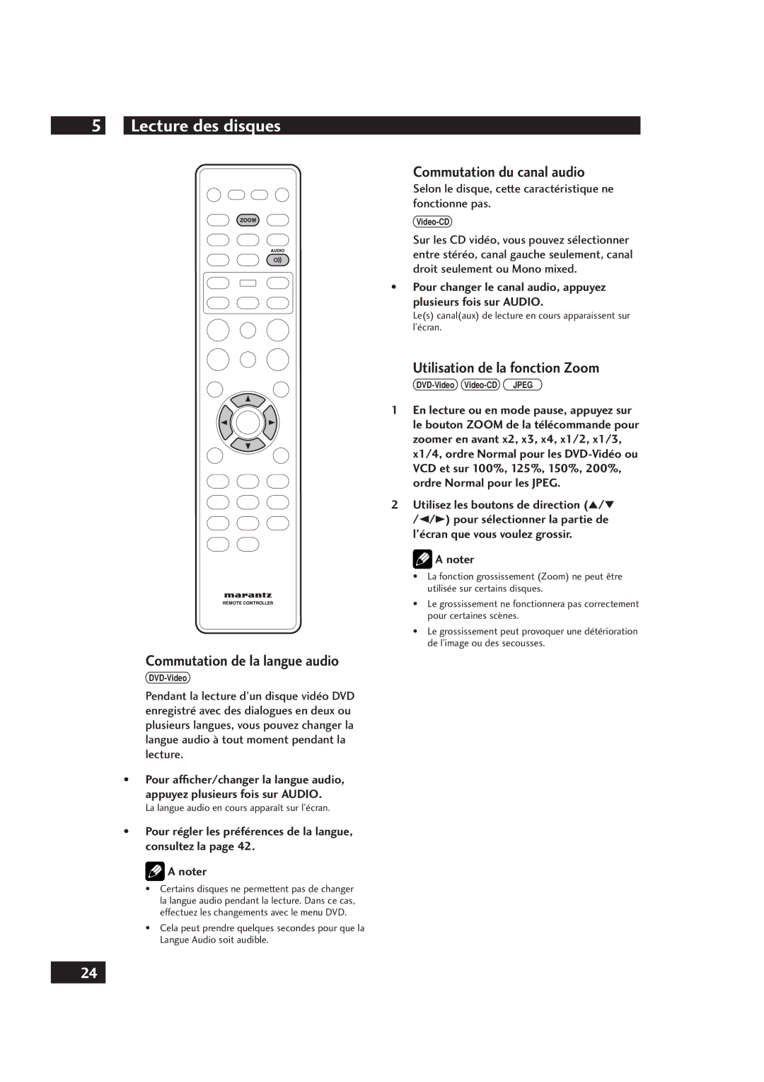 Marantz DV4001 manual Commutation de la langue audio, Commutation du canal audio, Utilisation de la fonction Zoom 