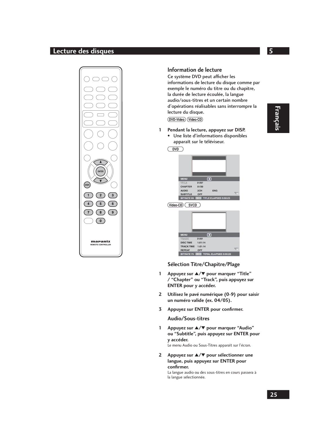 Marantz DV4001 manual Information de lecture, Sélection Titre/Chapitre/Plage, Audio/Sous-titres 