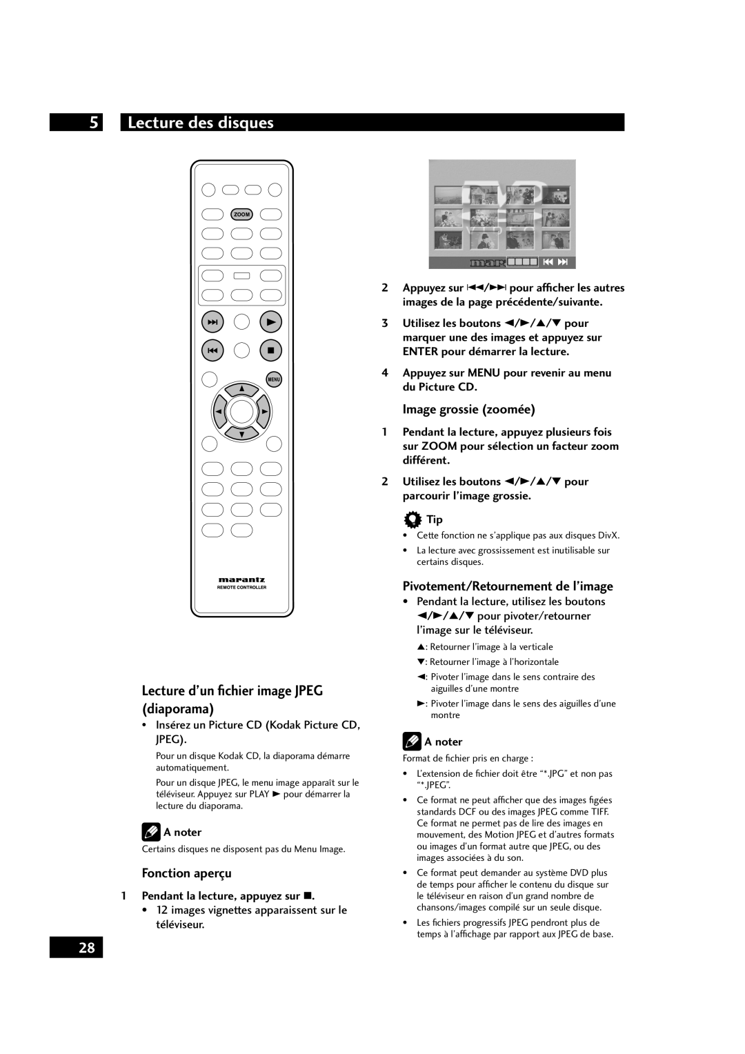 Marantz DV4001 manual Lecture d’un ﬁchier image Jpeg diaporama, Fonction aperçu, Image grossie zoomée 