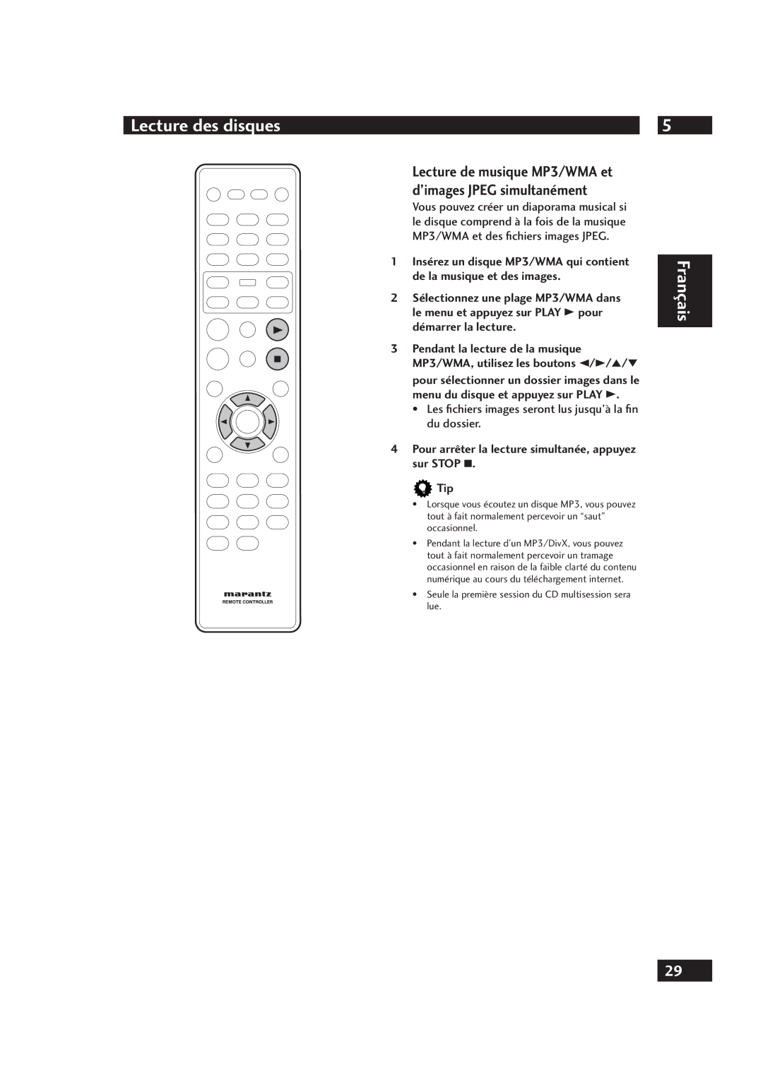 Marantz DV4001 manual Lecture de musique MP3/WMA et d’images Jpeg simultanément 