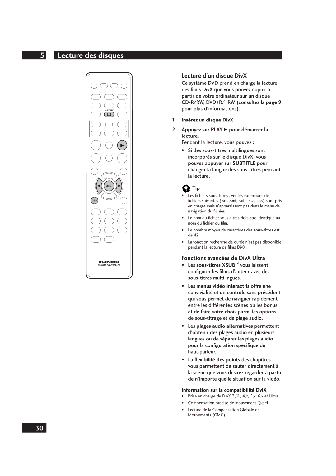 Marantz DV4001 manual Lecture d’un disque DivX, Fonctions avancées de DivX Ultra, Information sur la compatibilité DviX 