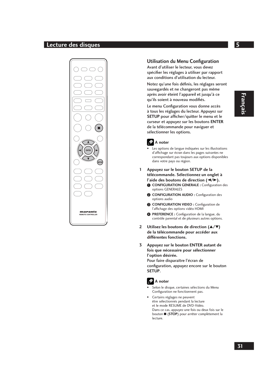 Marantz DV4001 manual Utilisation du Menu Conﬁguration, Le menu Conﬁguration vous donne accès, Setup 