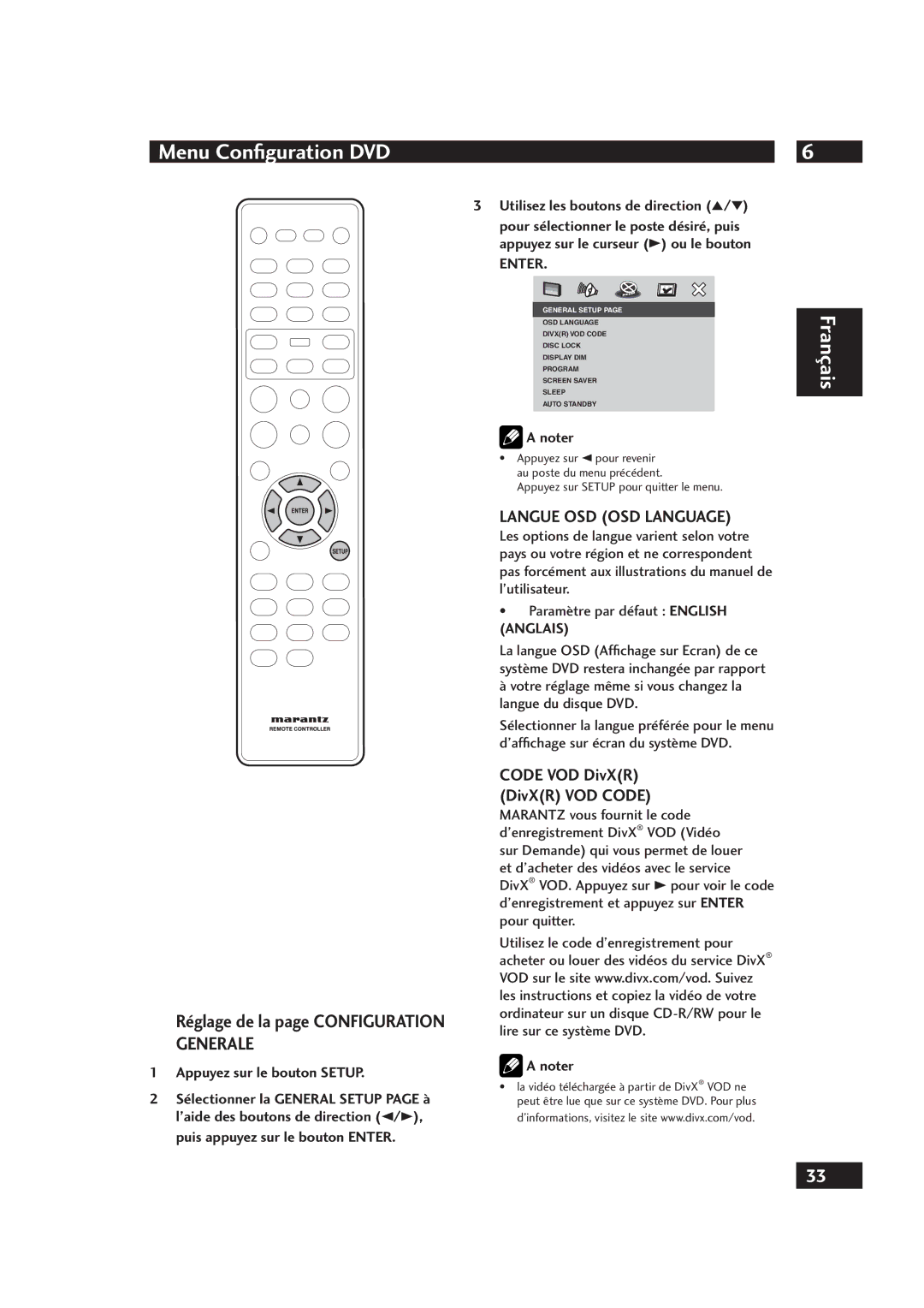 Marantz DV4001 Réglage de la page Configuration Generale, Langue OSD OSD Language, Code VOD DivXR DivXR VOD Code, Enter 