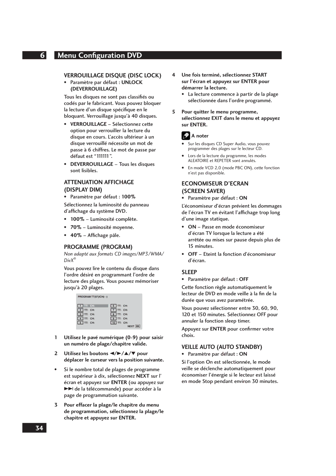 Marantz DV4001 manual Programme Program, Veille Auto Auto Standby, Deverrouillage Tous les disques sont lisibles 