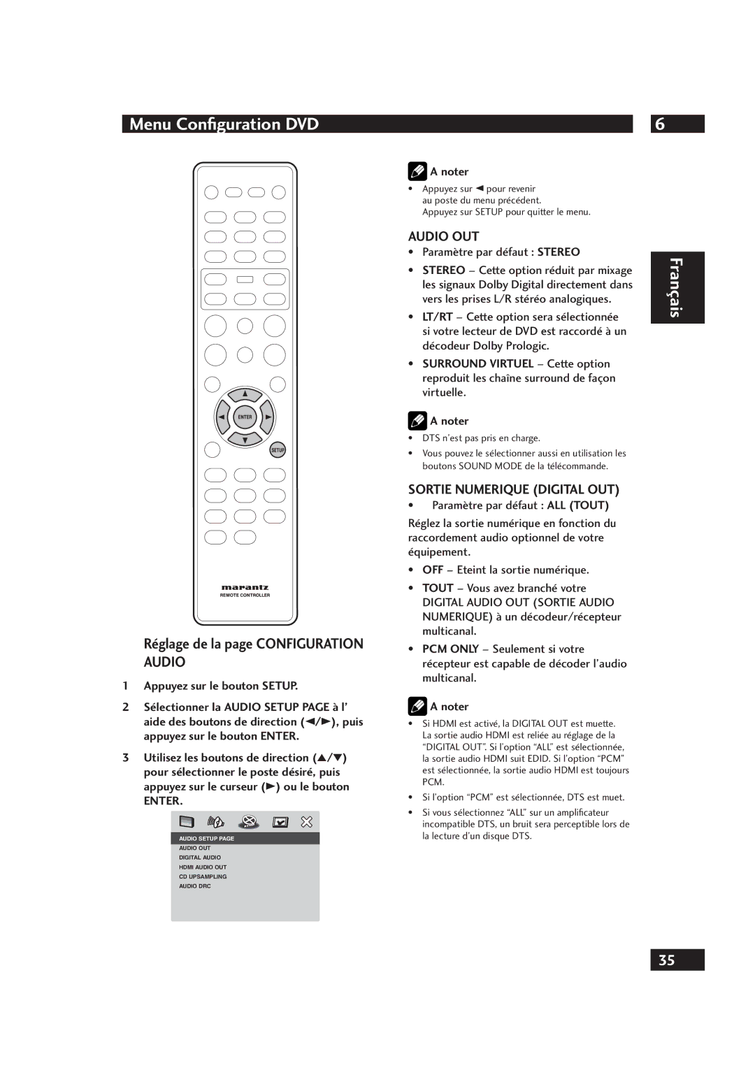 Marantz DV4001 manual Réglage de la page Configuration Audio, Paramètre par défaut Stereo, DTS n’est pas pris en charge 