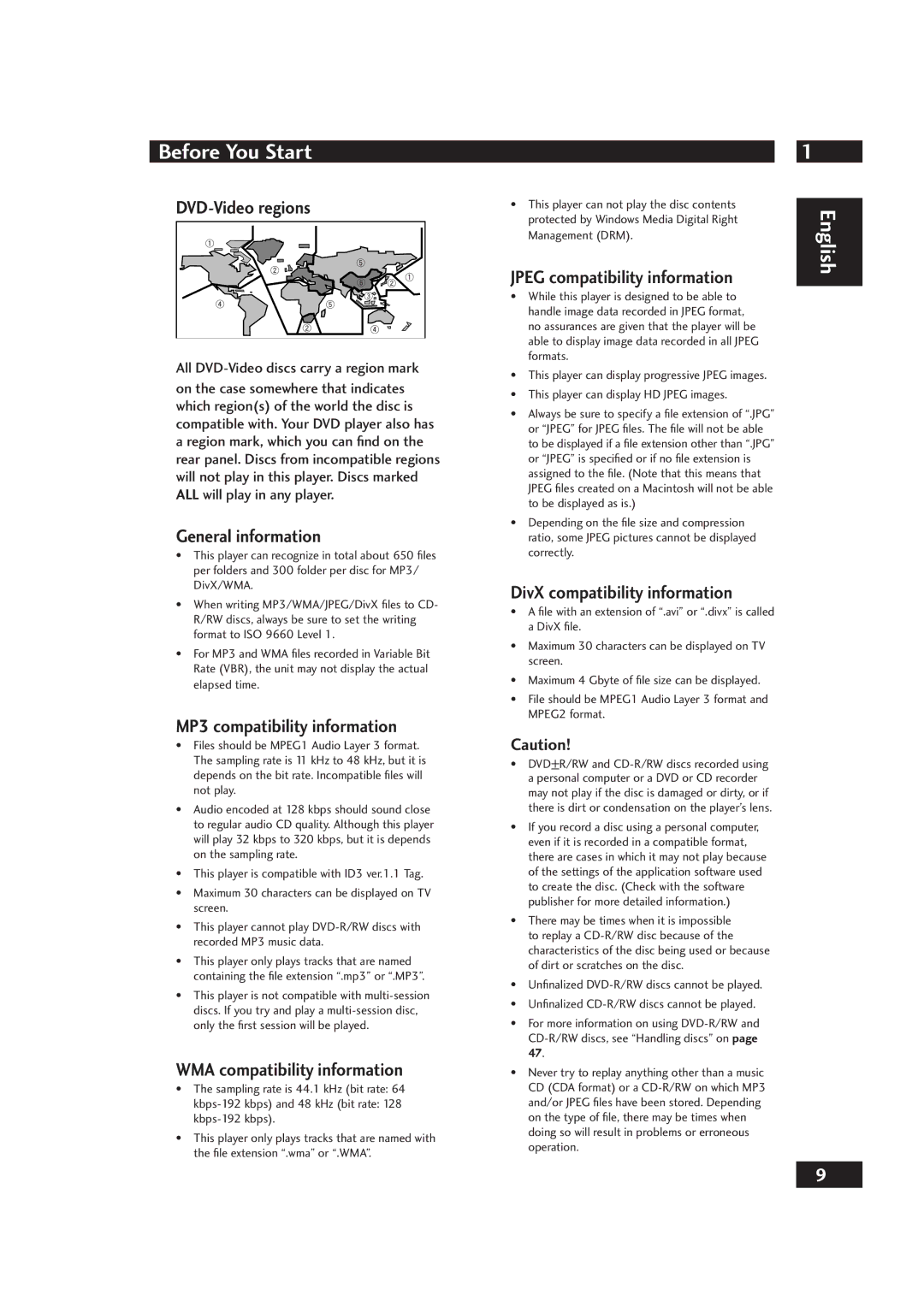 Marantz DV4001 manual DVD-Video regions, General information, MP3 compatibility information, WMA compatibility information 