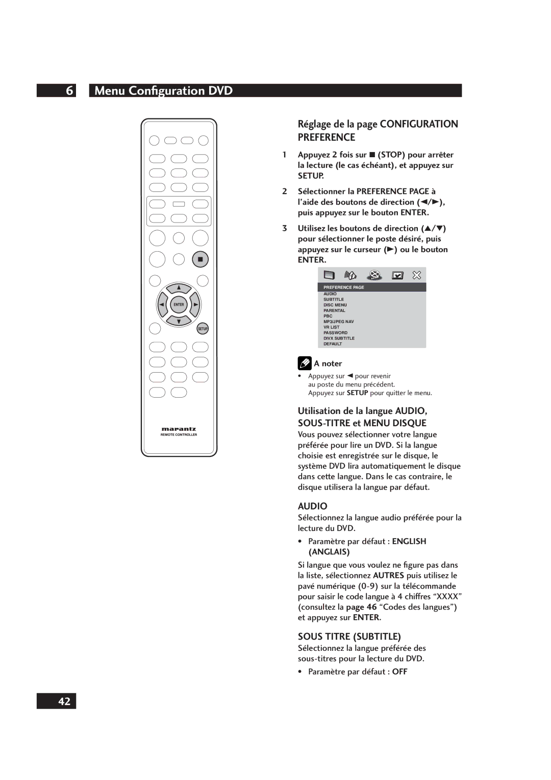 Marantz DV4001 manual Réglage de la page Configuration, Utilisation de la langue Audio SOUS-TITRE et Menu Disque 