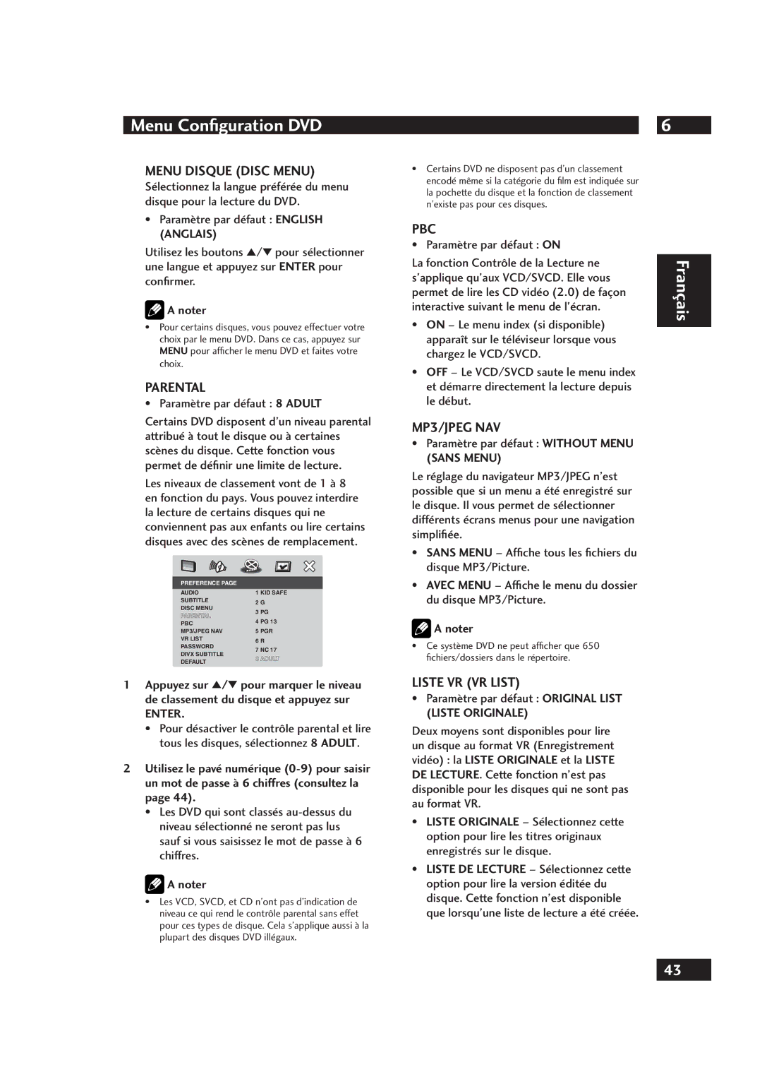 Marantz DV4001 manual Menu Disque Disc Menu, Liste VR VR List 