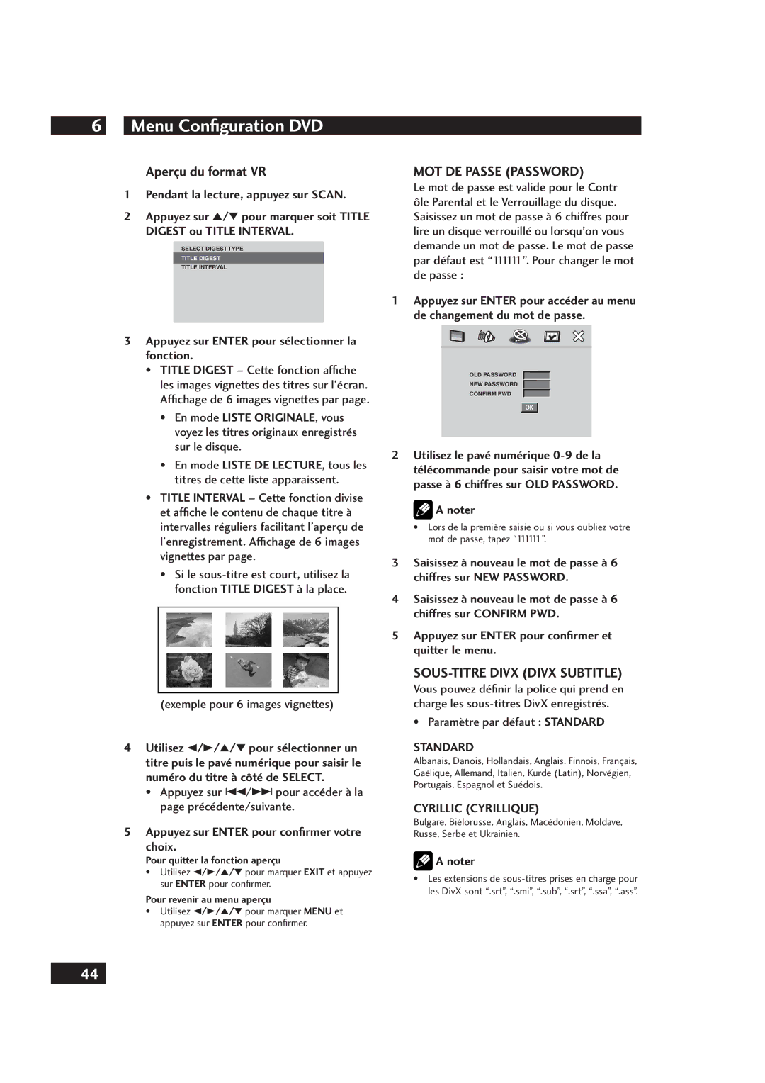 Marantz DV4001 manual Aperçu du format VR, MOT DE Passe Password, SOUS-TITRE Divx Divx Subtitle, Cyrillic Cyrillique 