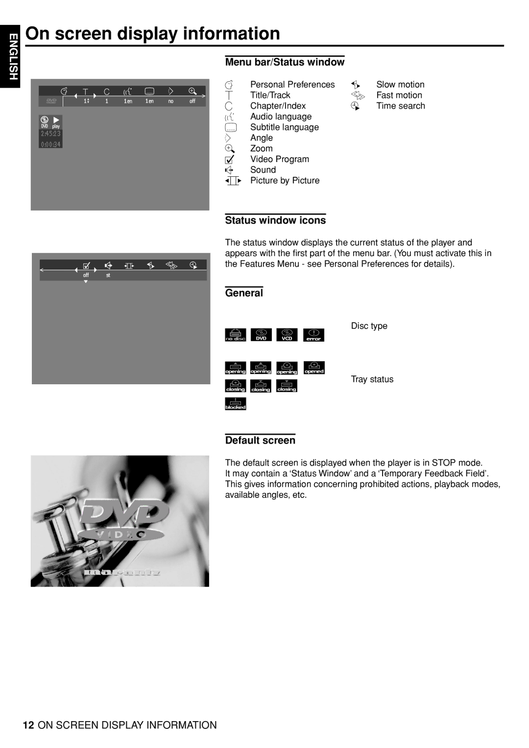 Marantz DV4100 manual On screen display information, Menu bar/Status window, Status window icons, General, Default screen 