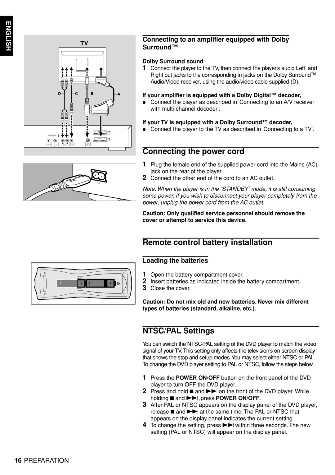 Marantz DV4100 Connecting the power cord, Remote control battery installation, NTSC/PAL Settings, Loading the batteries 