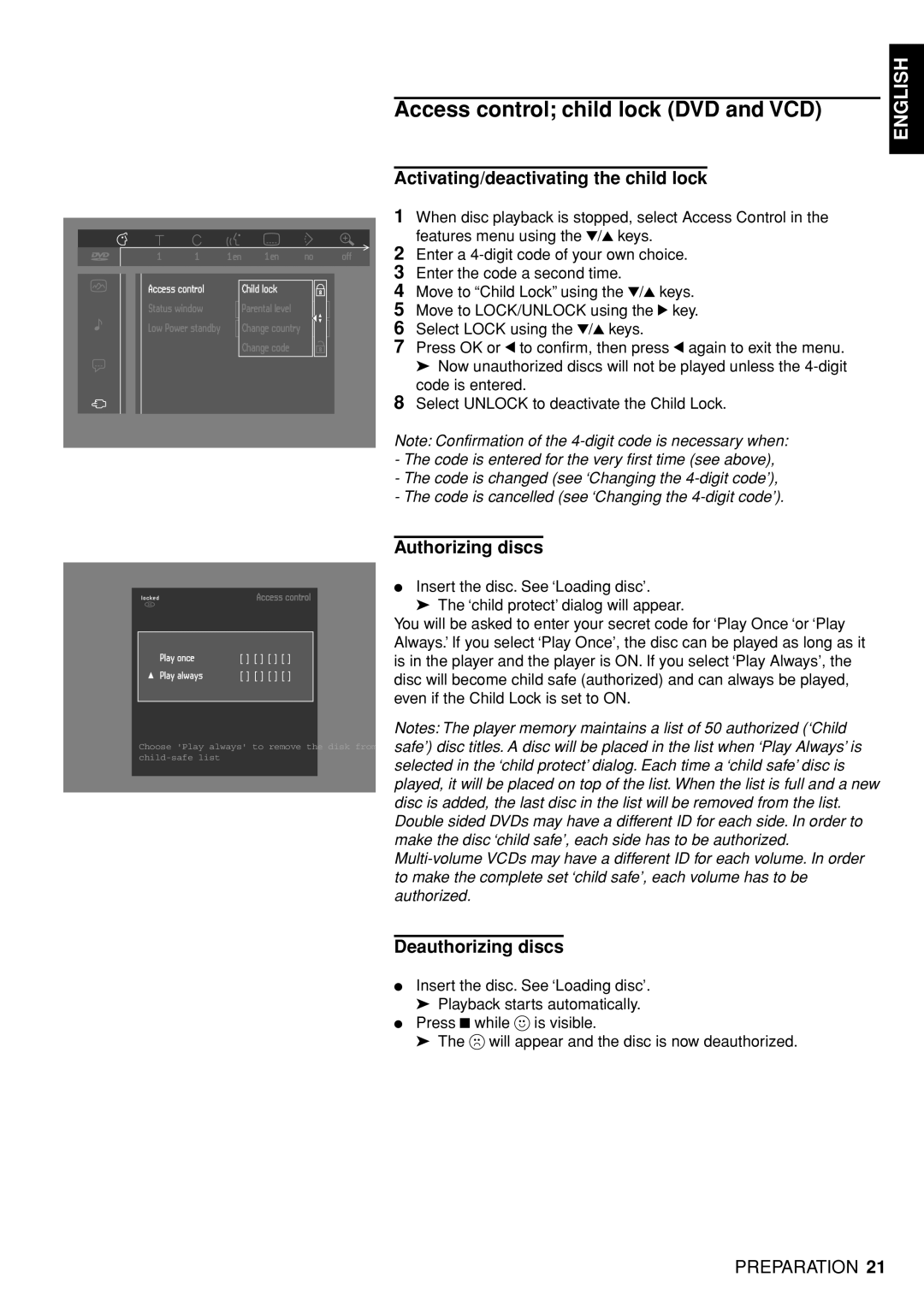 Marantz DV4100 manual Access control child lock DVD and VCD, Activating/deactivating the child lock, Authorizing discs 