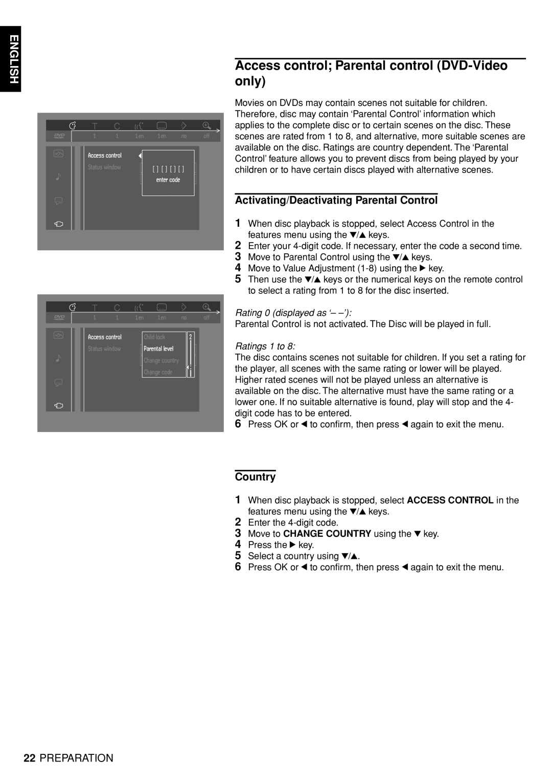 Marantz DV4100 manual Access control Parental control DVD-Video only, Activating/Deactivating Parental Control, Country 