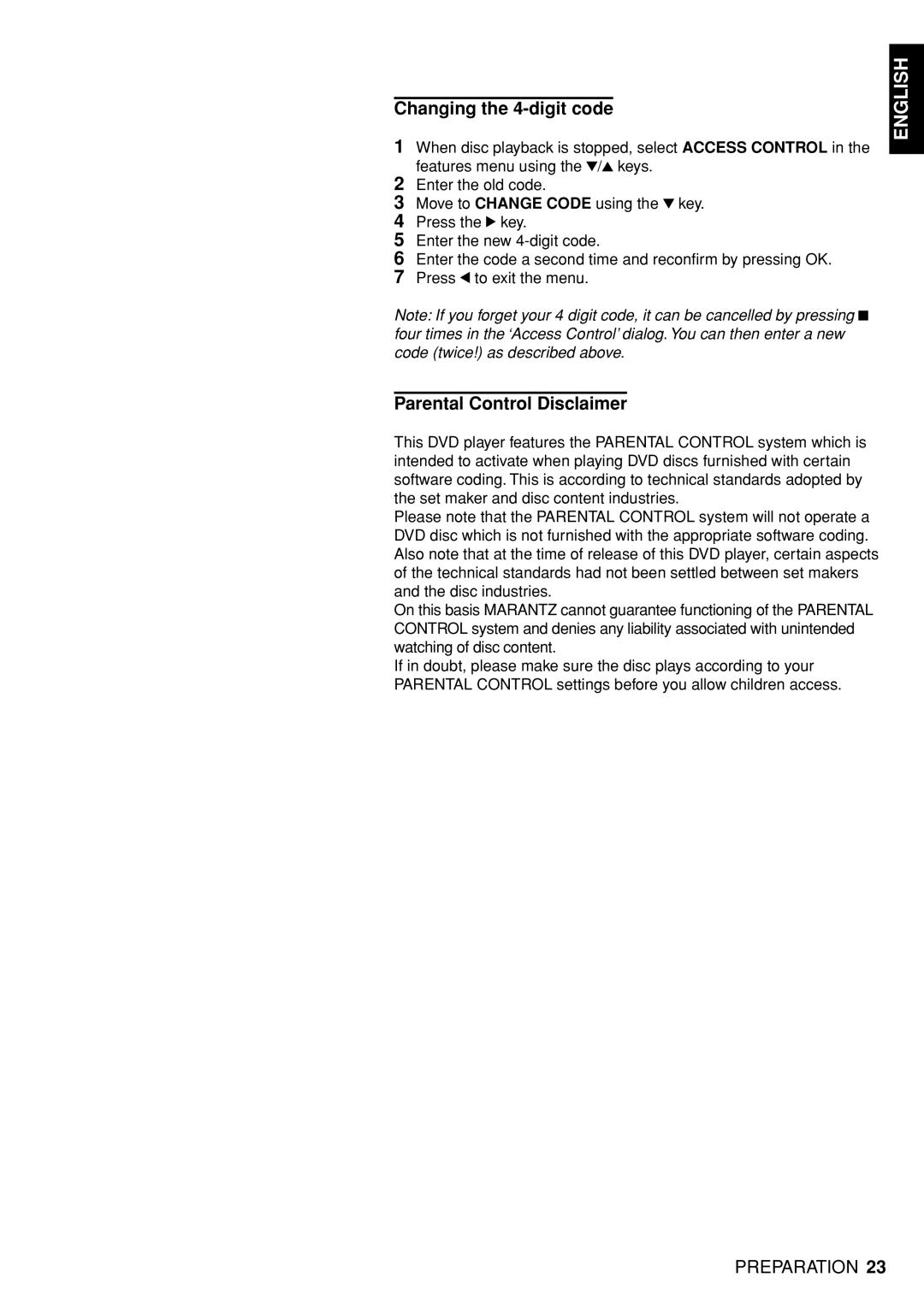 Marantz DV4100 manual Changing the 4-digit code, Parental Control Disclaimer 