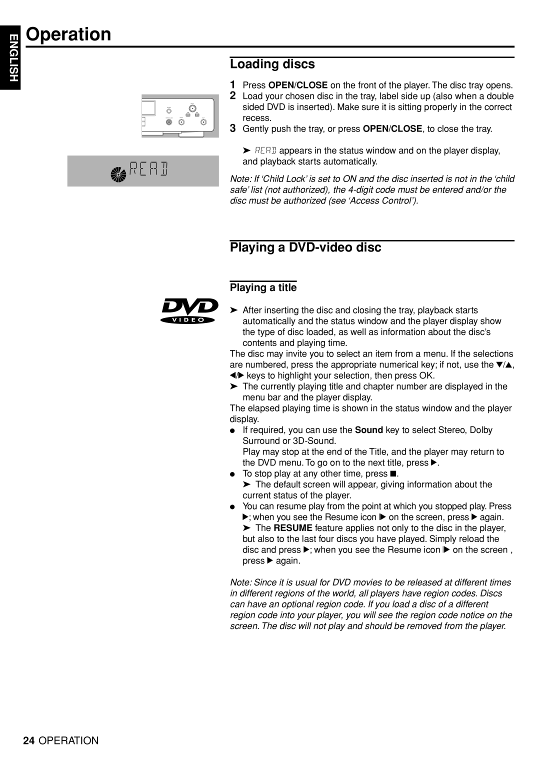 Marantz DV4100 manual Operation, Loading discs, Playing a DVD-video disc, Playing a title 