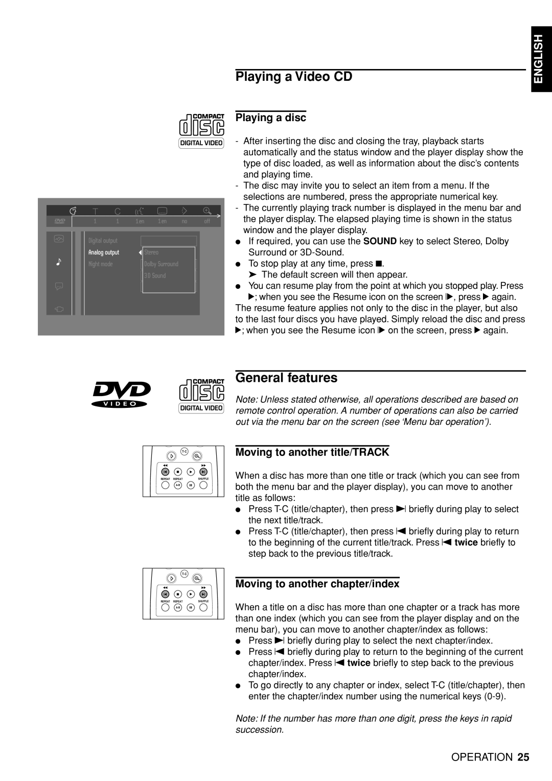 Marantz DV4100 manual General features, Playing a disc, Moving to another title/TRACK, Moving to another chapter/index 