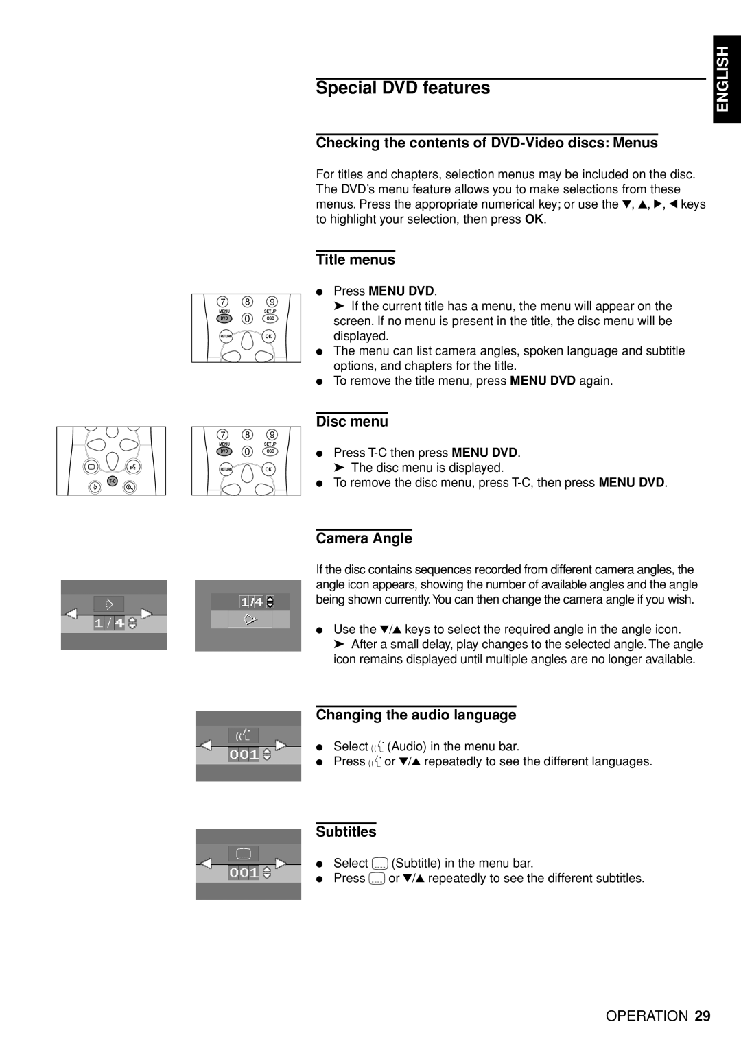 Marantz DV4100 manual Checking the contents of DVD-Video discs Menus, Title menus, Disc menu, Camera Angle, Subtitles 