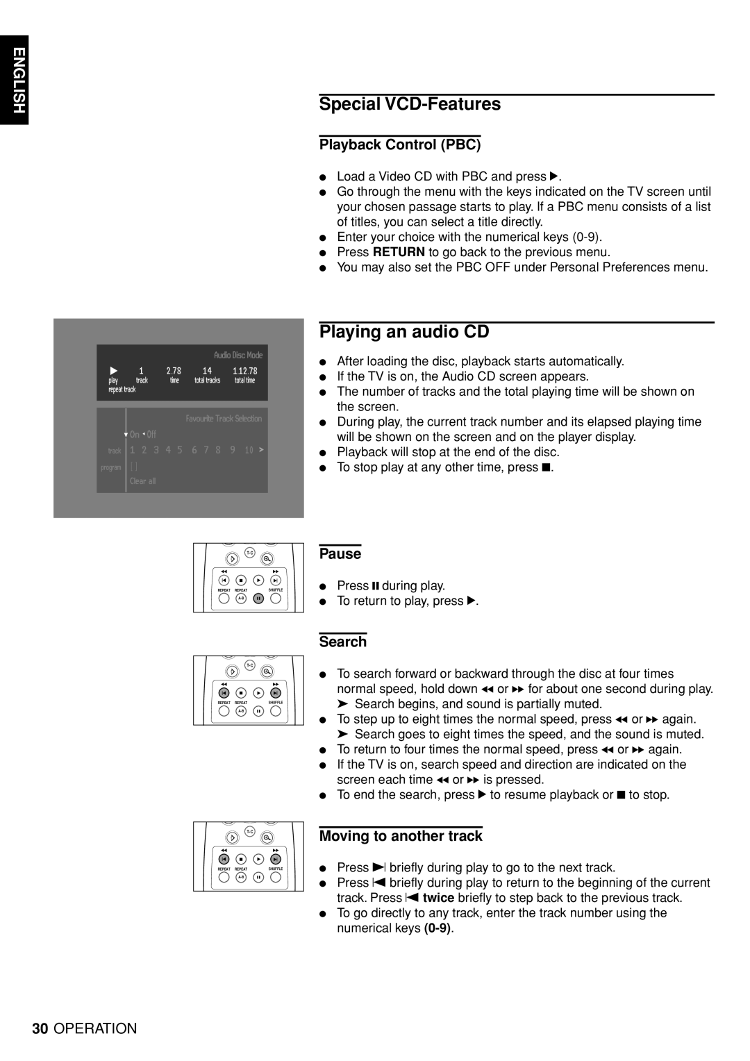 Marantz DV4100 manual Special VCD-Features, Playing an audio CD, Playback Control PBC, Pause, Moving to another track 