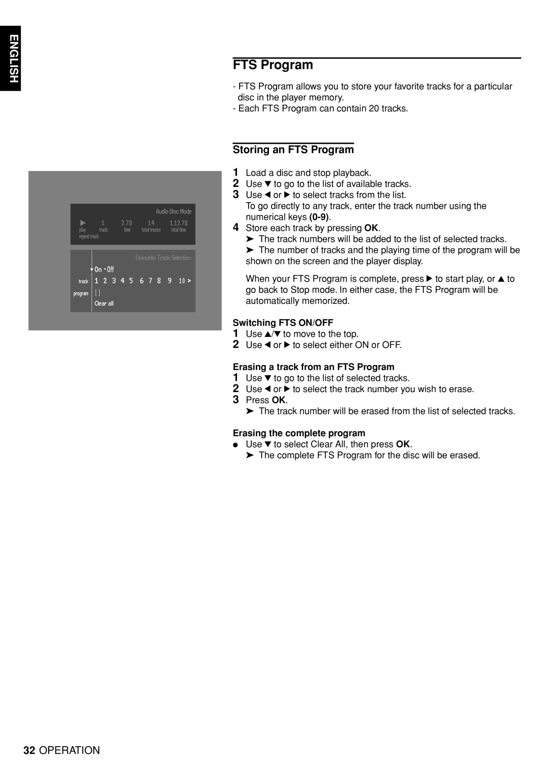 Marantz DV4100 manual Storing an FTS Program, Switching FTS ON/OFF, Erasing a track from an FTS Program 