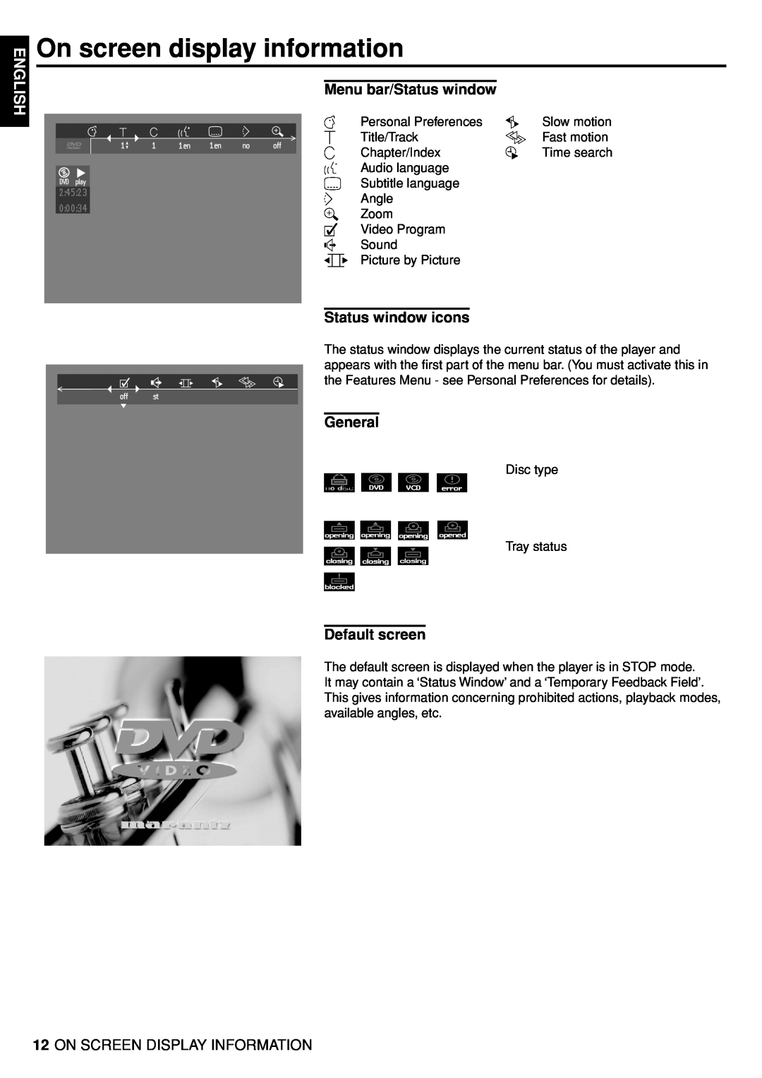 Marantz DV4100 manual On screen display information, Menu bar/Status window, Status window icons, General, Default screen 