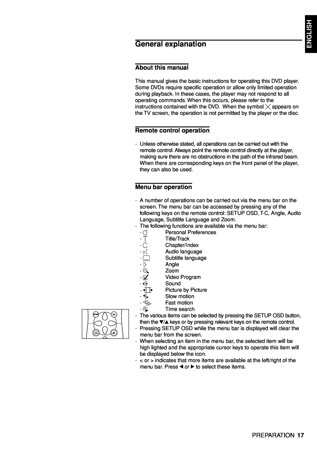 Marantz DV4100 General explanation, About this manual, Remote control operation, Menu bar operation, English 