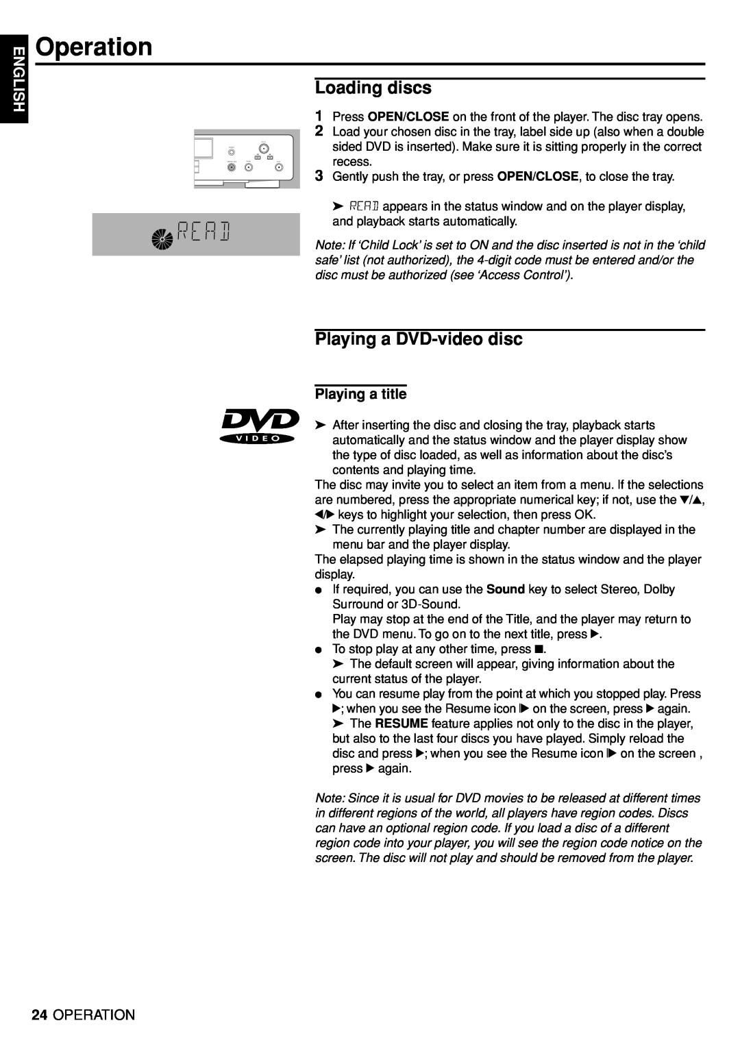 Marantz DV4100 manual Operation, Loading discs, Playing a DVD-video disc, Playing a title, English 