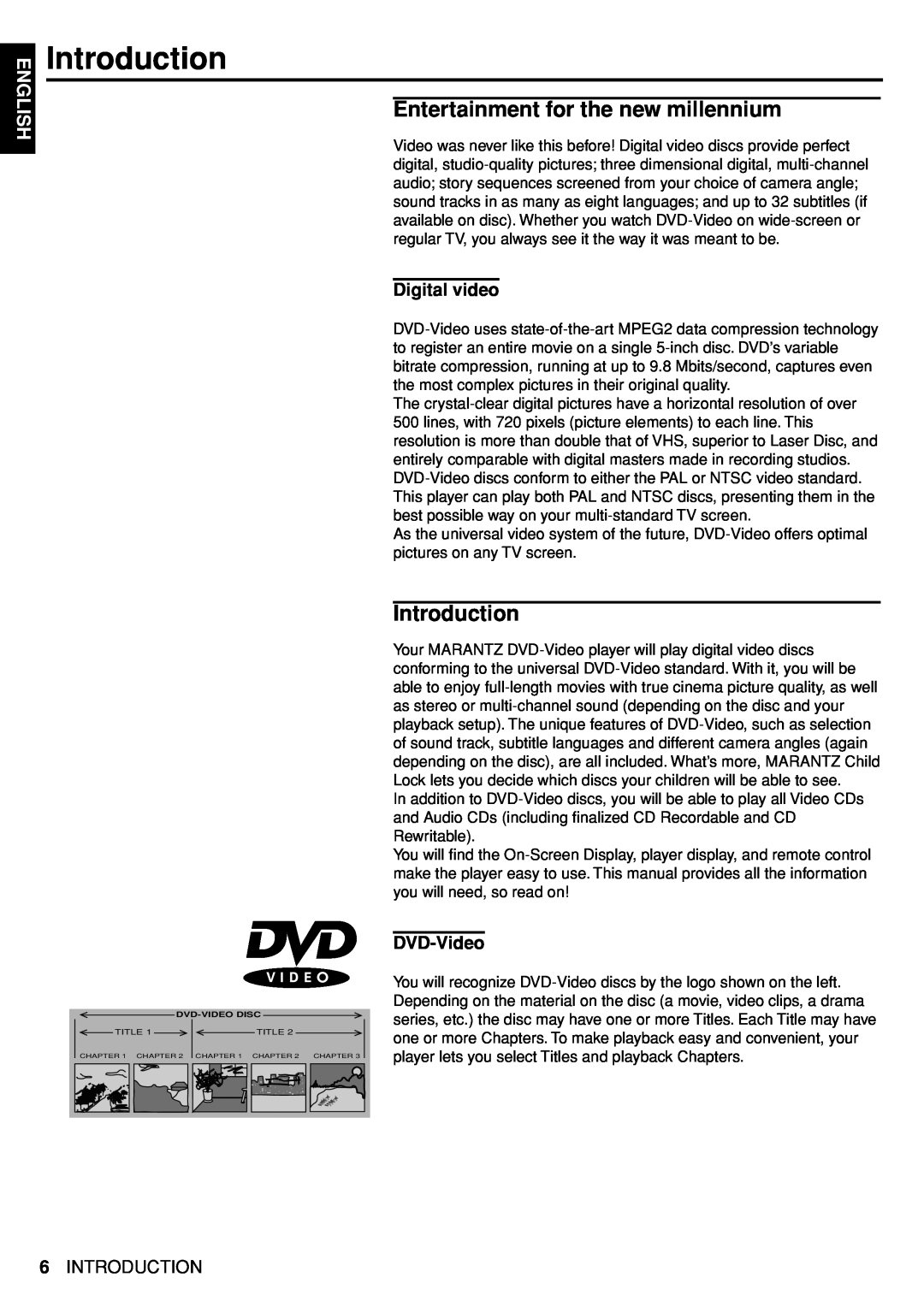 Marantz DV4100 manual Introduction, Entertainment for the new millennium, Digital video, DVD-Video, English 