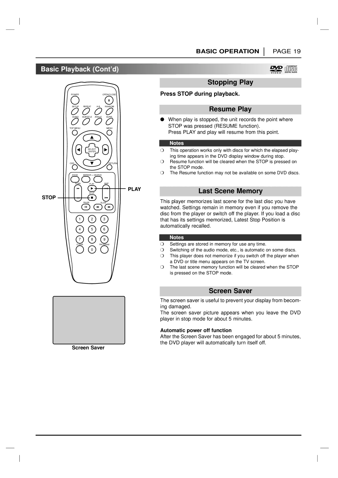 Marantz DV4200 manual Stopping Play, Resume Play, Last Scene Memory, Screen Saver, Press Stop during playback 