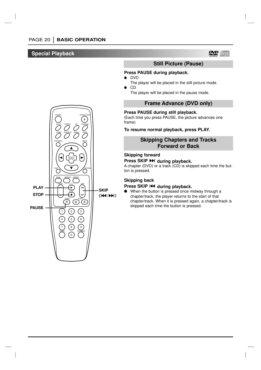 Marantz DV4200 Special Playback, Still Picture Pause, Frame Advance DVD only, Skipping Chapters and Tracks Forward or Back 