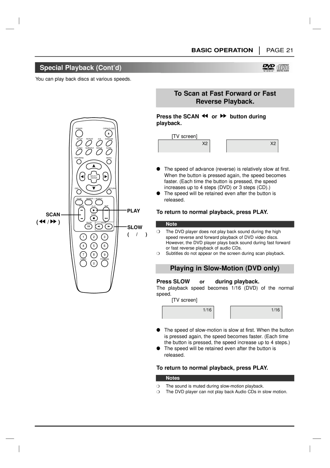 Marantz DV4200 Special Playback Cont’d, To Scan at Fast Forward or Fast Reverse Playback, Playing in Slow-Motion DVD only 