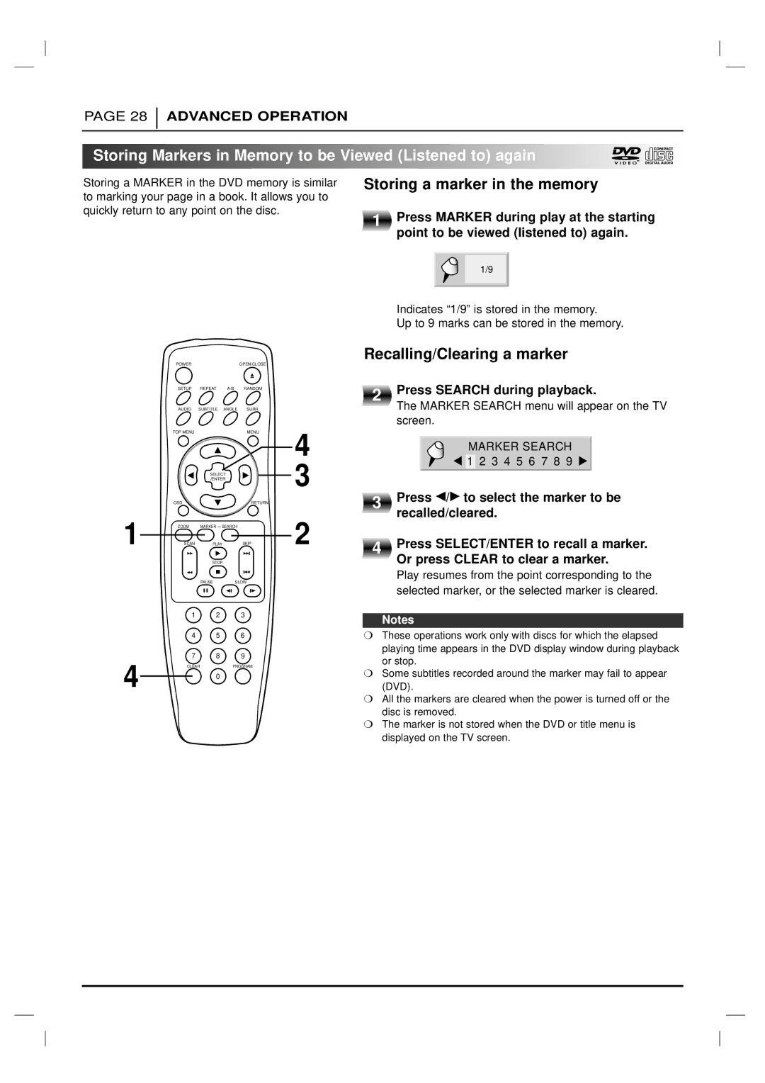 Marantz DV4200 manual Storing Markers in Memory to be Viewed Listened to again, Storing a marker in the memory 