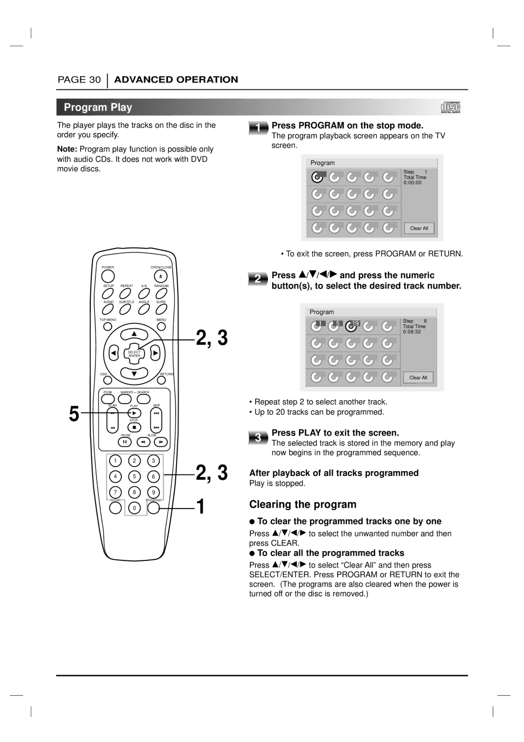 Marantz DV4200 manual Program Play, Clearing the program 