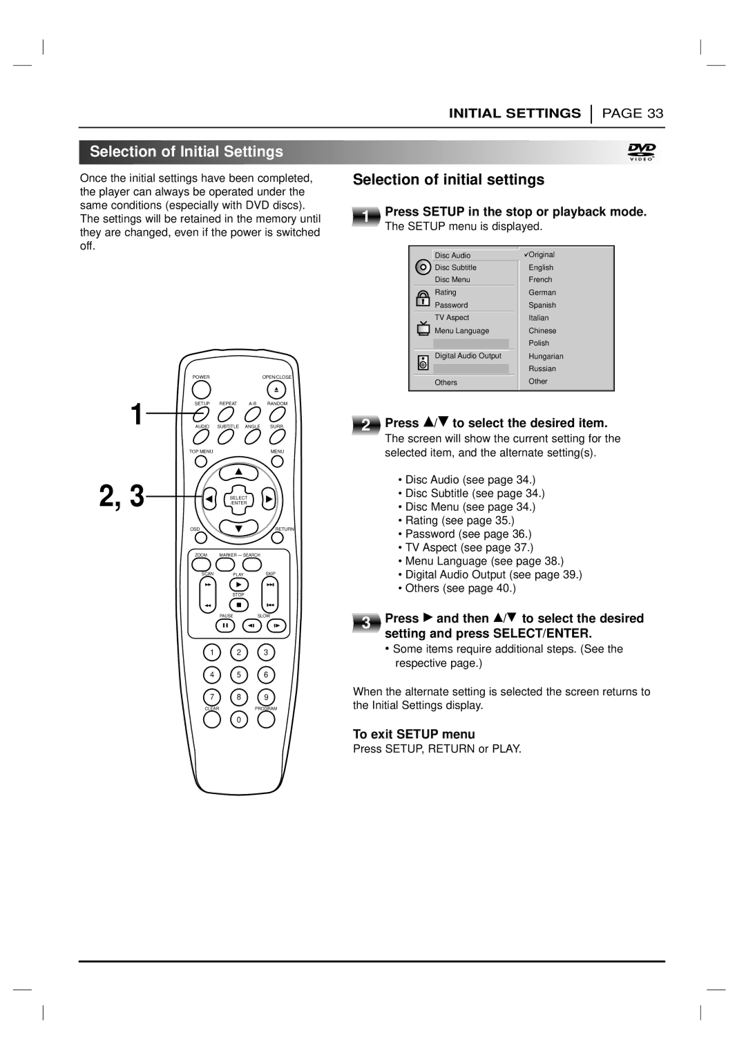 Marantz DV4200 Selection of Initial Settings, Selection of initial settings, Press Setup in the stop or playback mode 