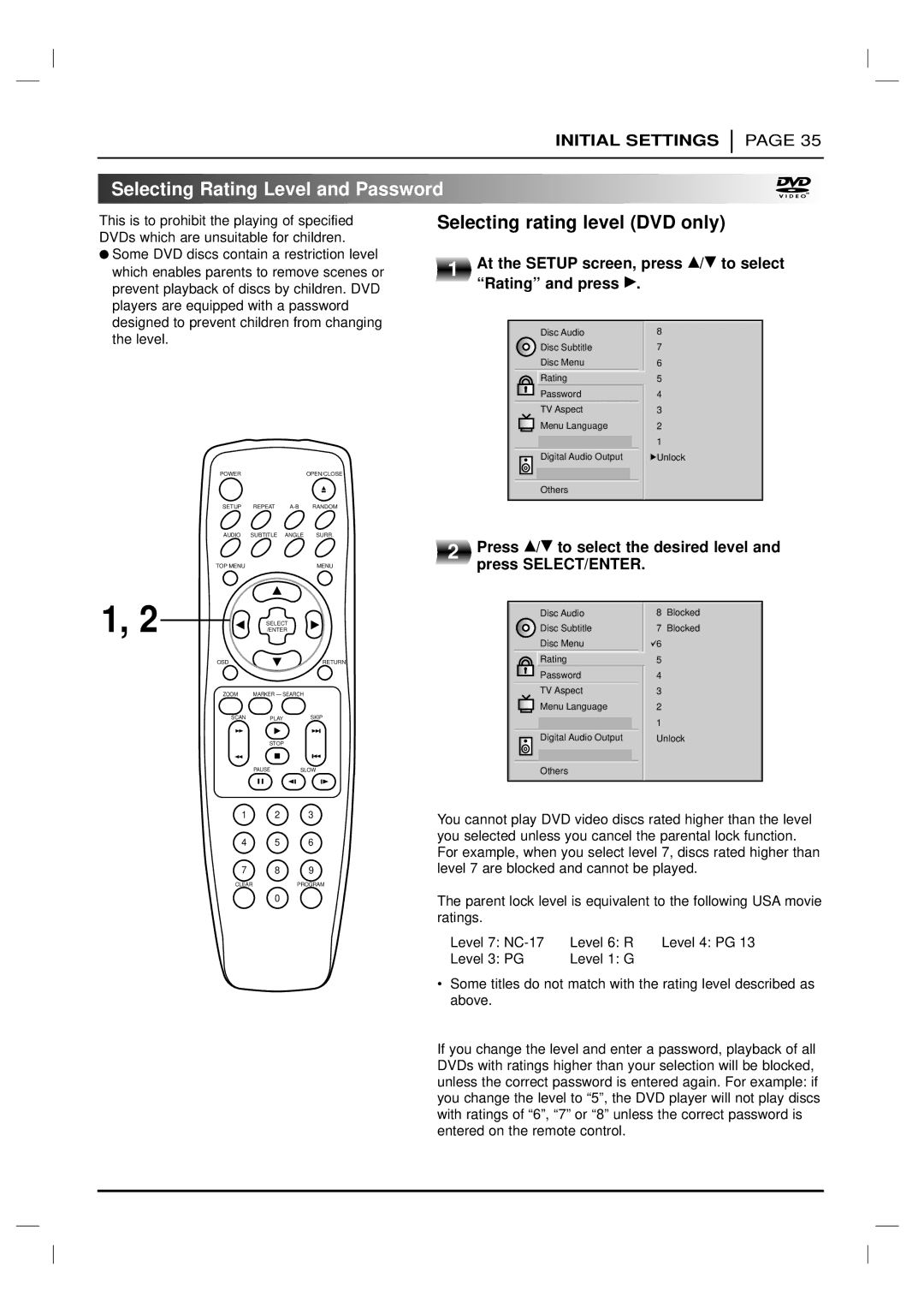 Marantz DV4200 manual Selecting Rating Level and Password, Selecting rating level DVD only 