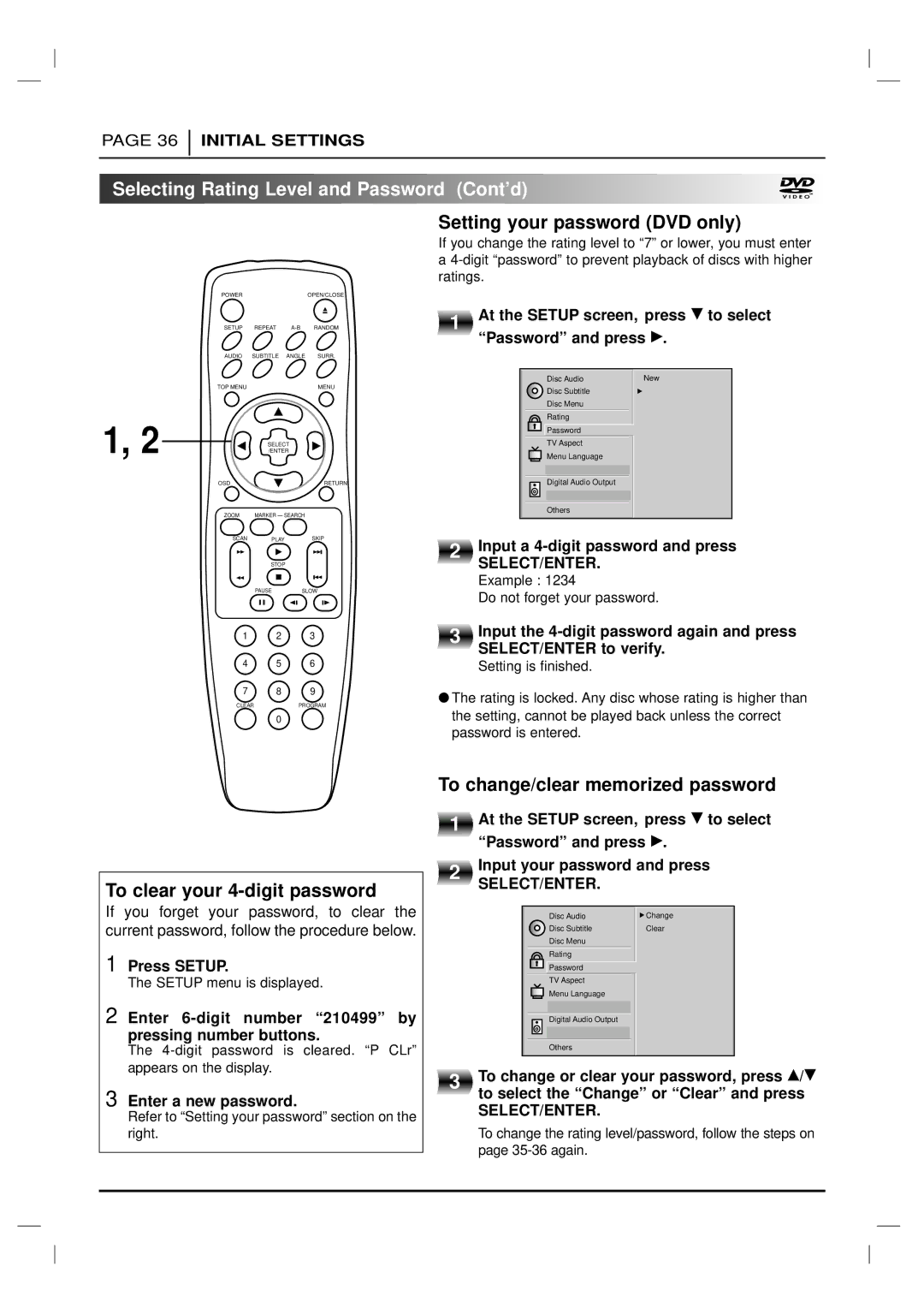 Marantz DV4200 manual To clear your 4-digit password, To change/clear memorized password 